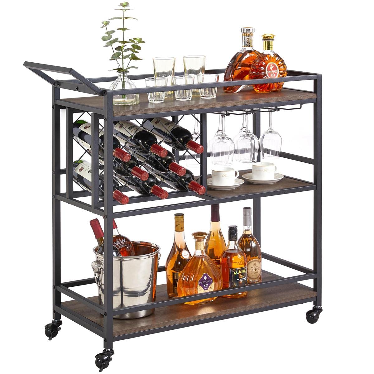 FATORRI Industrial Bar Cart with Wine Rack & Glass Holder - Rustic Wood & Metal Rolling Drink Trolley for Kitchen, Dining Room, Home Bar - Perfect for Entertaining, Cocktail Parties & Wine Tasting (Walnut Brown)