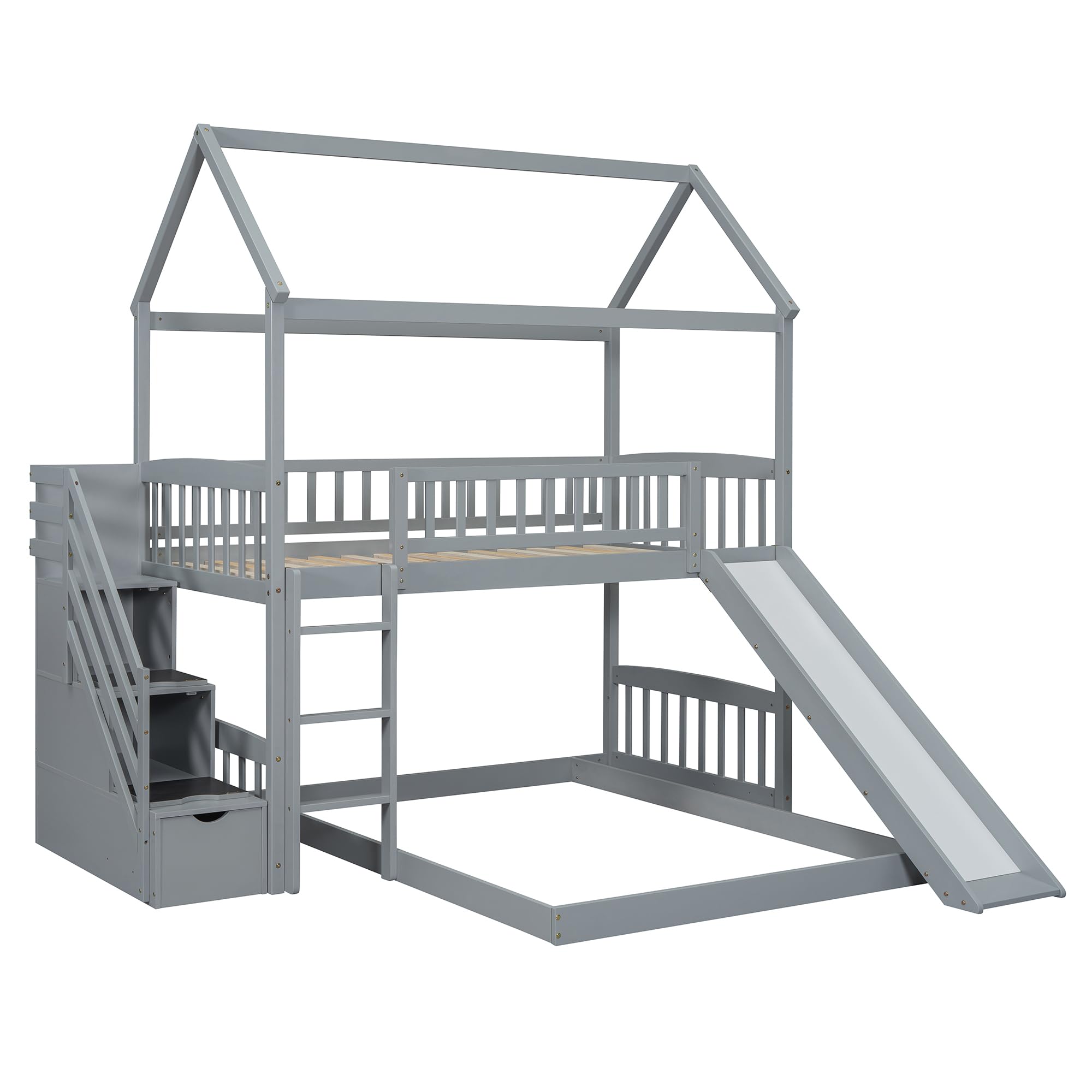 Harper & Bright Designs Twin Over Twin Kids House Shape Bunk Bed with Slide - Solid Wood Bunk Bed Frame with Storage Stairs for Kids & Teens (Grey) | Space-Saving Bedroom Solution for Siblings, Sleepovers & Small Rooms