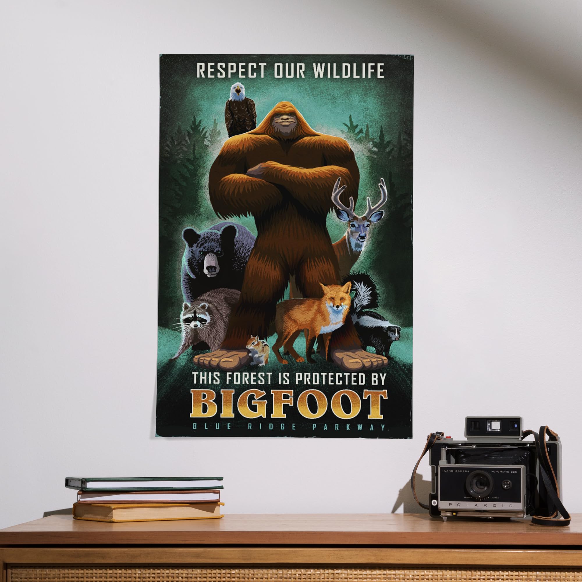 Lantern Press 16x24 Inch Giclee Art Print - Blue Ridge Parkway Landscape with Bigfoot Design | 'This Forest is Protected by Bigfoot' Wall Decor for Living Room, Bedroom & Office