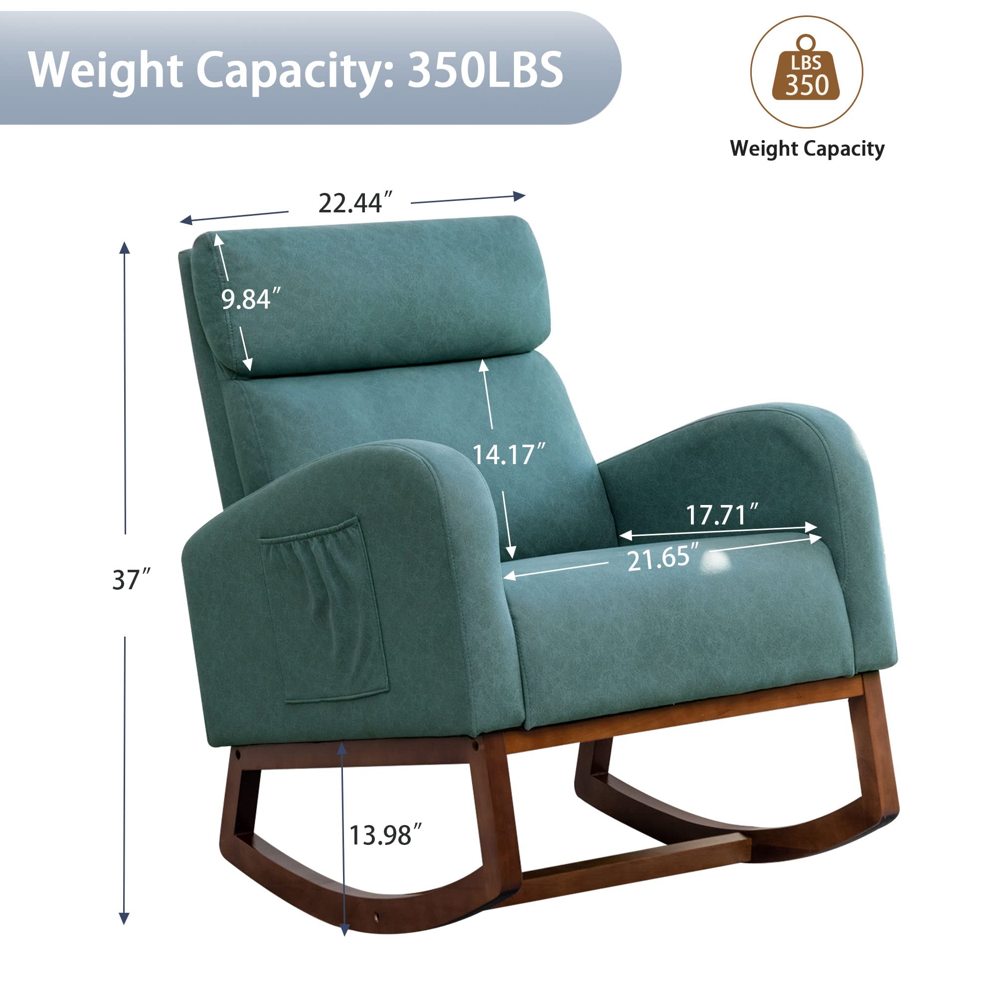 Andeworld Rocking Chair - Upholstered High-Back Glider Armchair with Faux Suede Fabric, Comfortable Accent Chair for Living Room, Bedroom, Nursery (Teal) | Perfect for Relaxing, Reading & Nursing