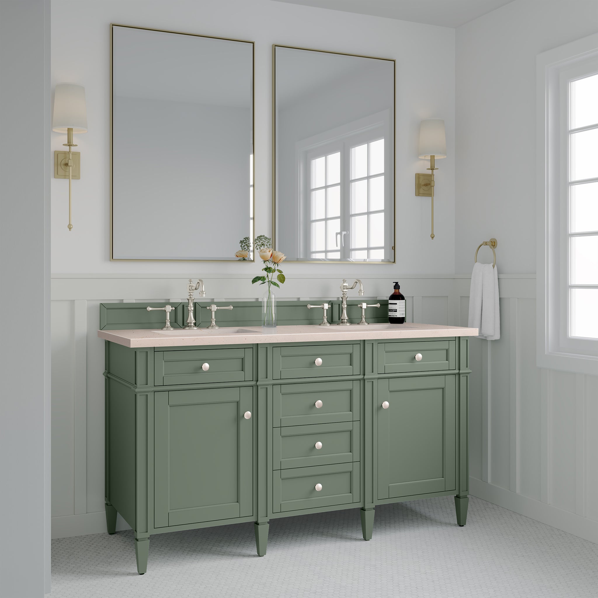 Brittany 60-Inch Double Bathroom Vanity with Smokey Celadon Finish & 3CM Eternal Marfil Stone Top - Perfect for Master Bathroom & Luxury Home Renovation