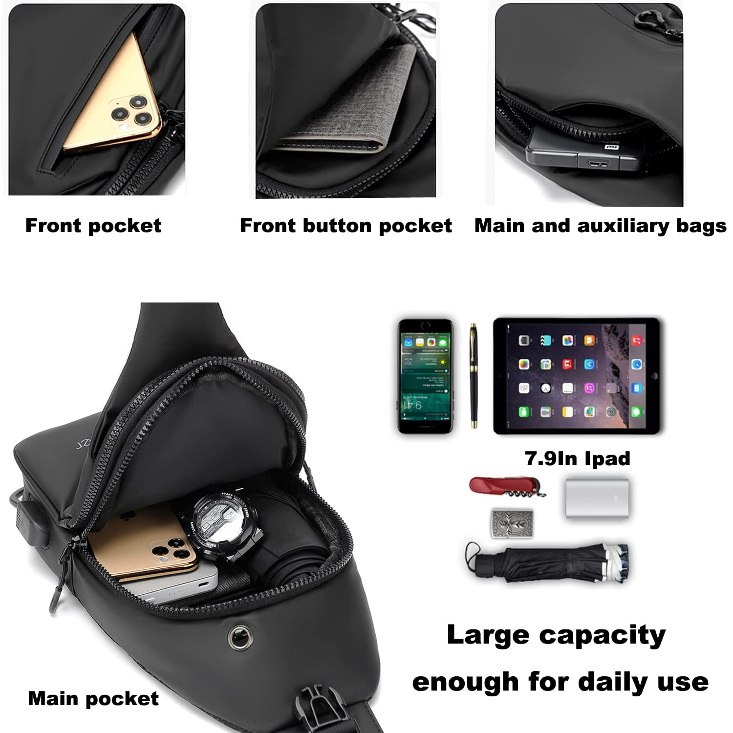 Waterproof Sling Bag for Men with USB Charging Port & Headphone Jack - Lightweight Crossbody Shoulder Backpack for Outdoor, Travel, Hiking & Daily Use