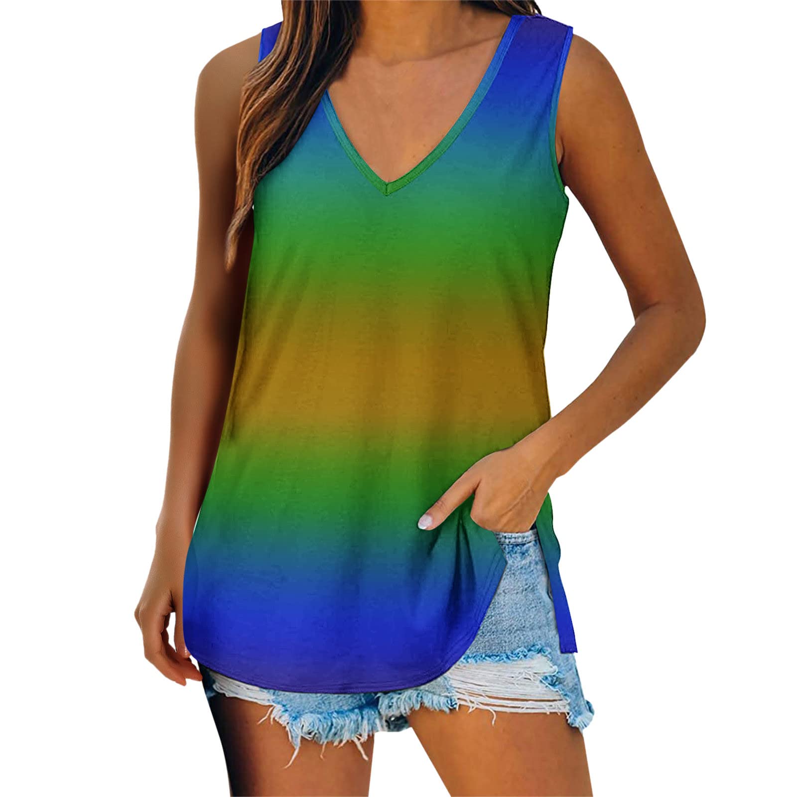 Women's White Camisole - Casual Tie Dye Gradient Stripes Print V-Neck Sleeveless Tank Top | Perfect for Summer, Beach, Layering & Everyday Wear