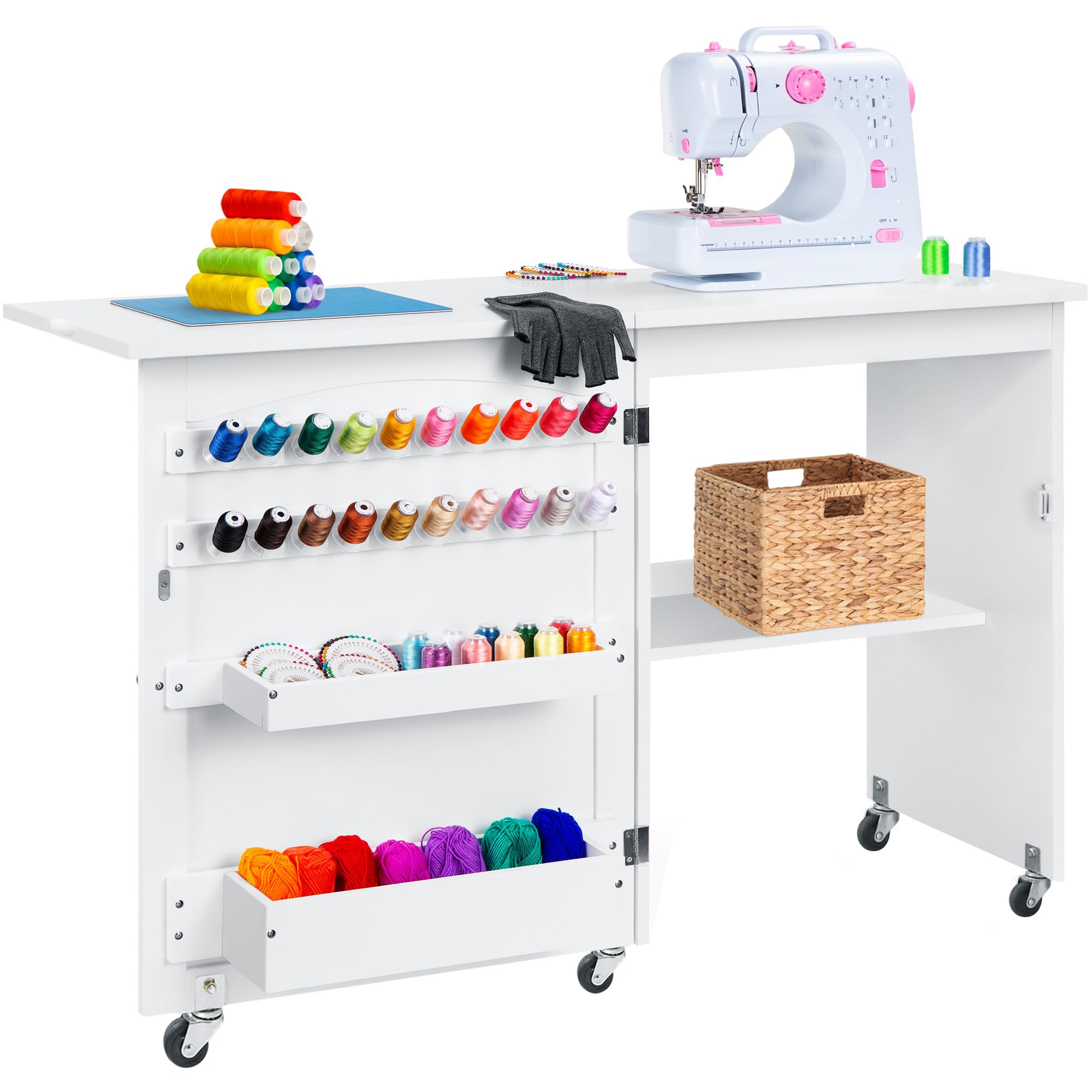 Best Choice Products Folding Sewing Table - Multipurpose Craft Station & Side Desk with Wheels, Shelves, Storage Trays - Compact Design for Small Spaces - Perfect for Sewing, Quilting, Scrapbooking & DIY Projects - White