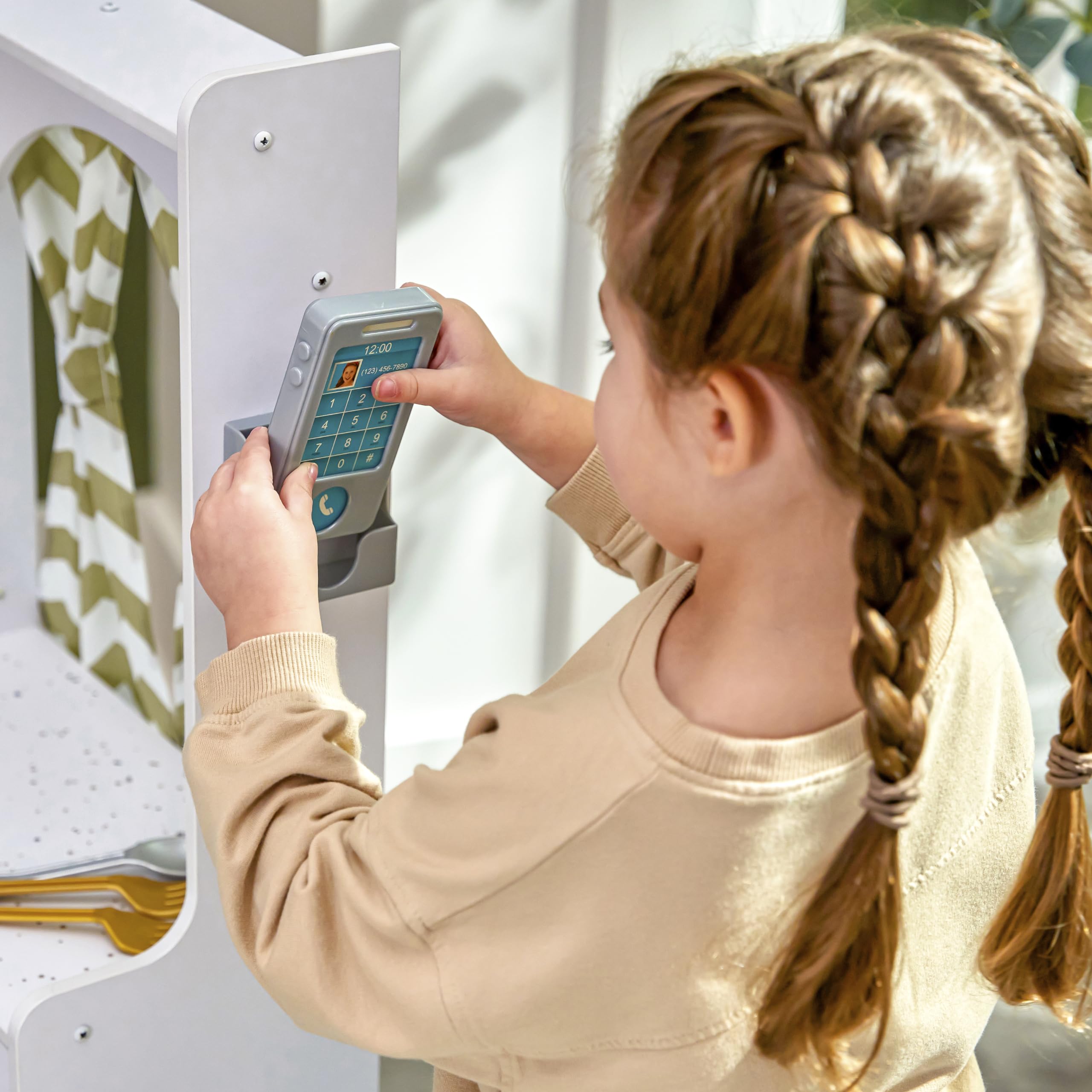 KidKraft Ultimate Corner Wooden Play Kitchen Set with Lights & Sounds - White Pretend Play Toy for Toddlers & Kids - Includes Play Phone & Curtains - Perfect for Imaginative Play, Role Playing & Early Learning Activities