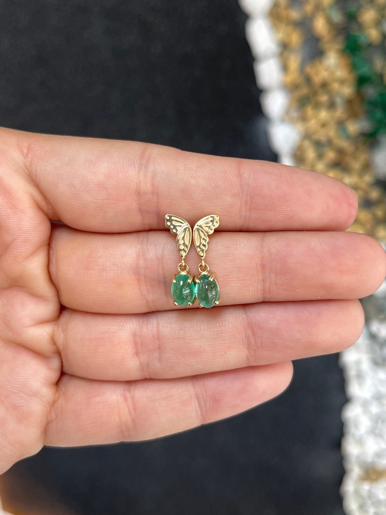 2.05tcw 14K Gold Green Oval Cabochon Emerald Half Butterfly Dangle Earrings for Women - Elegant Jewelry Gift for Wedding, Party & Special Occasions