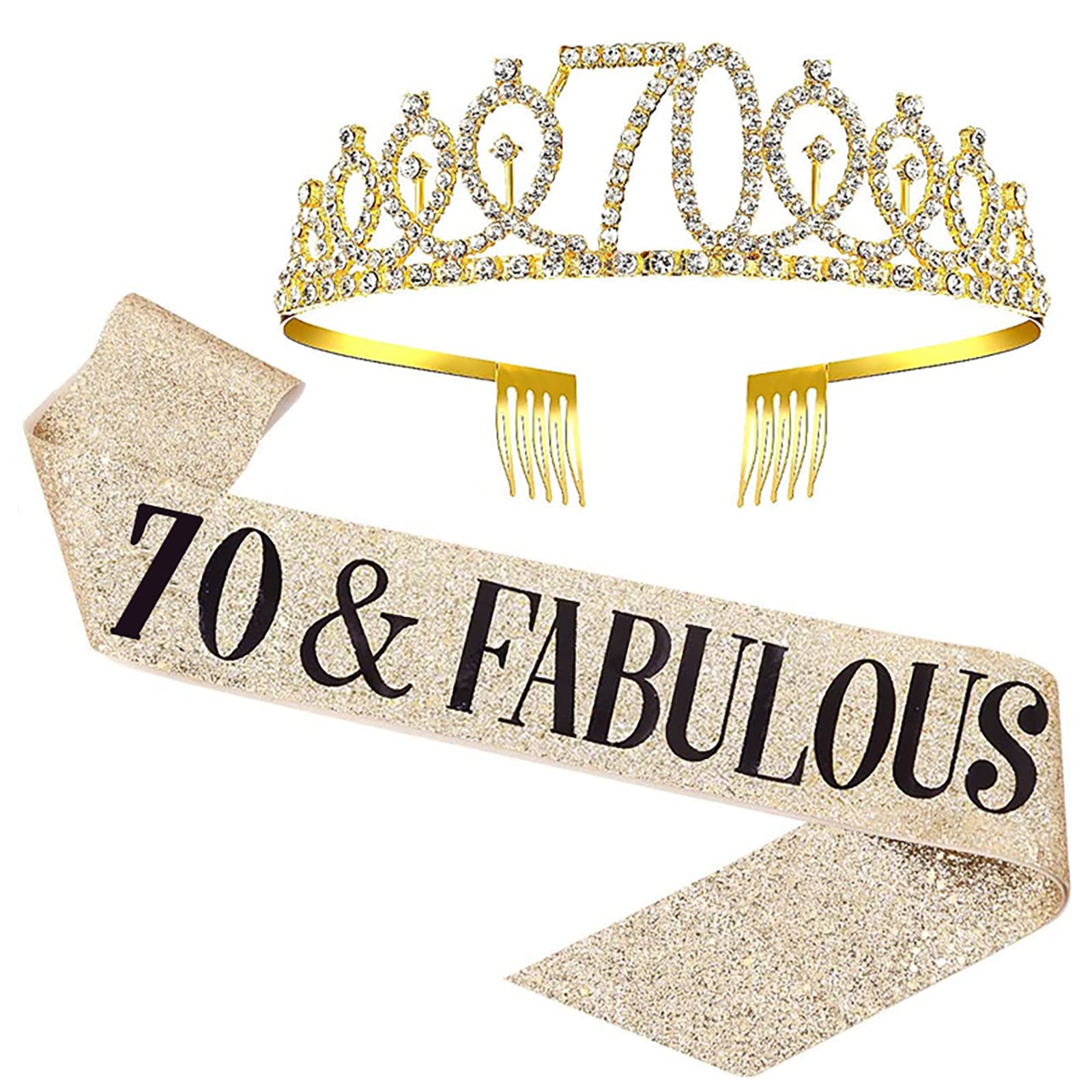 70th Birthday Sash and Tiara Set for Women - 70 & Fabulous Gold Crown & Sash - Perfect Birthday Gift for Queen Women - Party Decorations & Favors - Great for Milestone Celebrations, Birthday Parties & Special Occasions