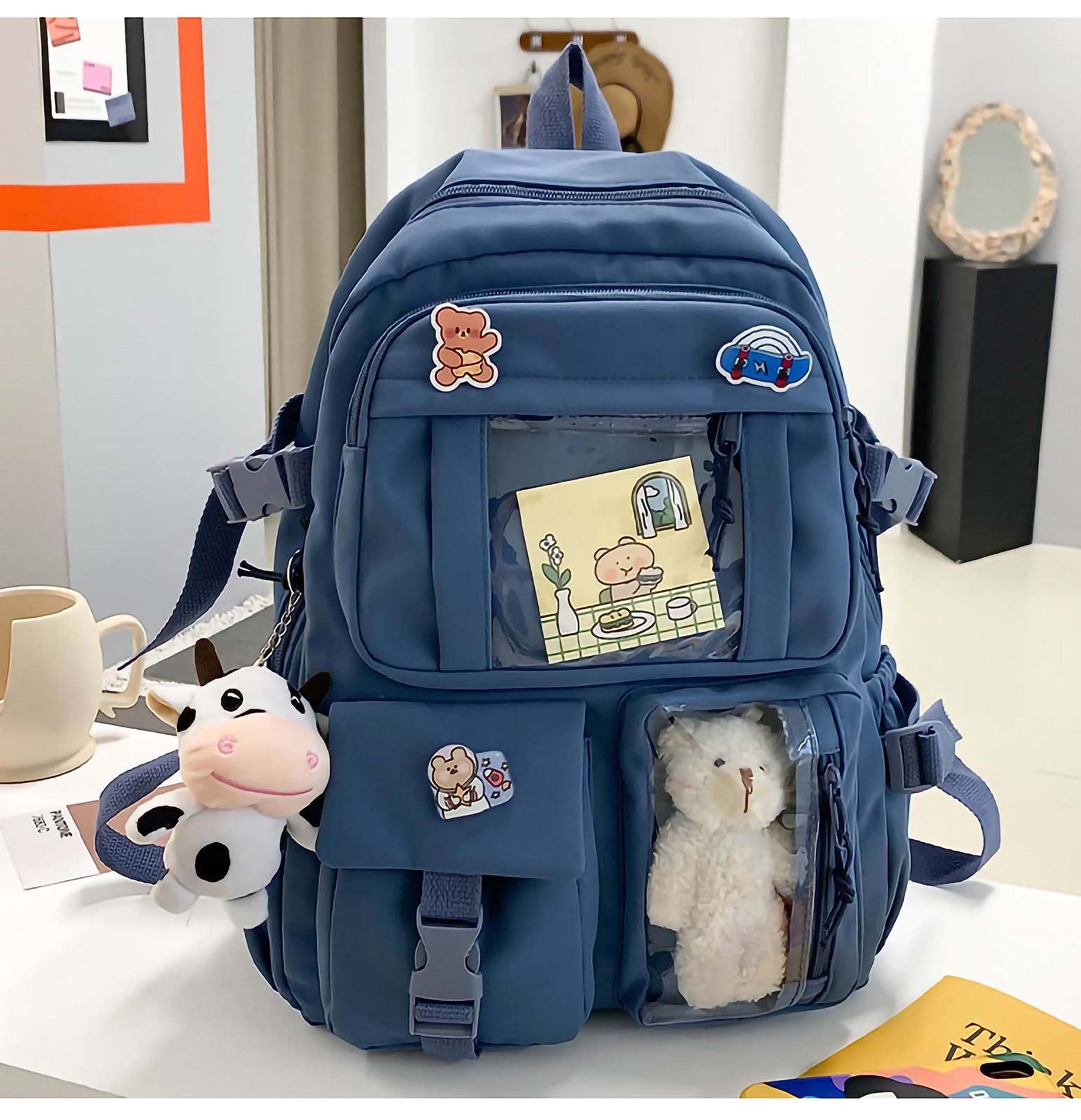 Cute Kawaii Backpack with Plush Pendant & Pins - Aesthetic School Backpack for Girls, Teens, College - Perfect for School, Travel, and Everyday Use