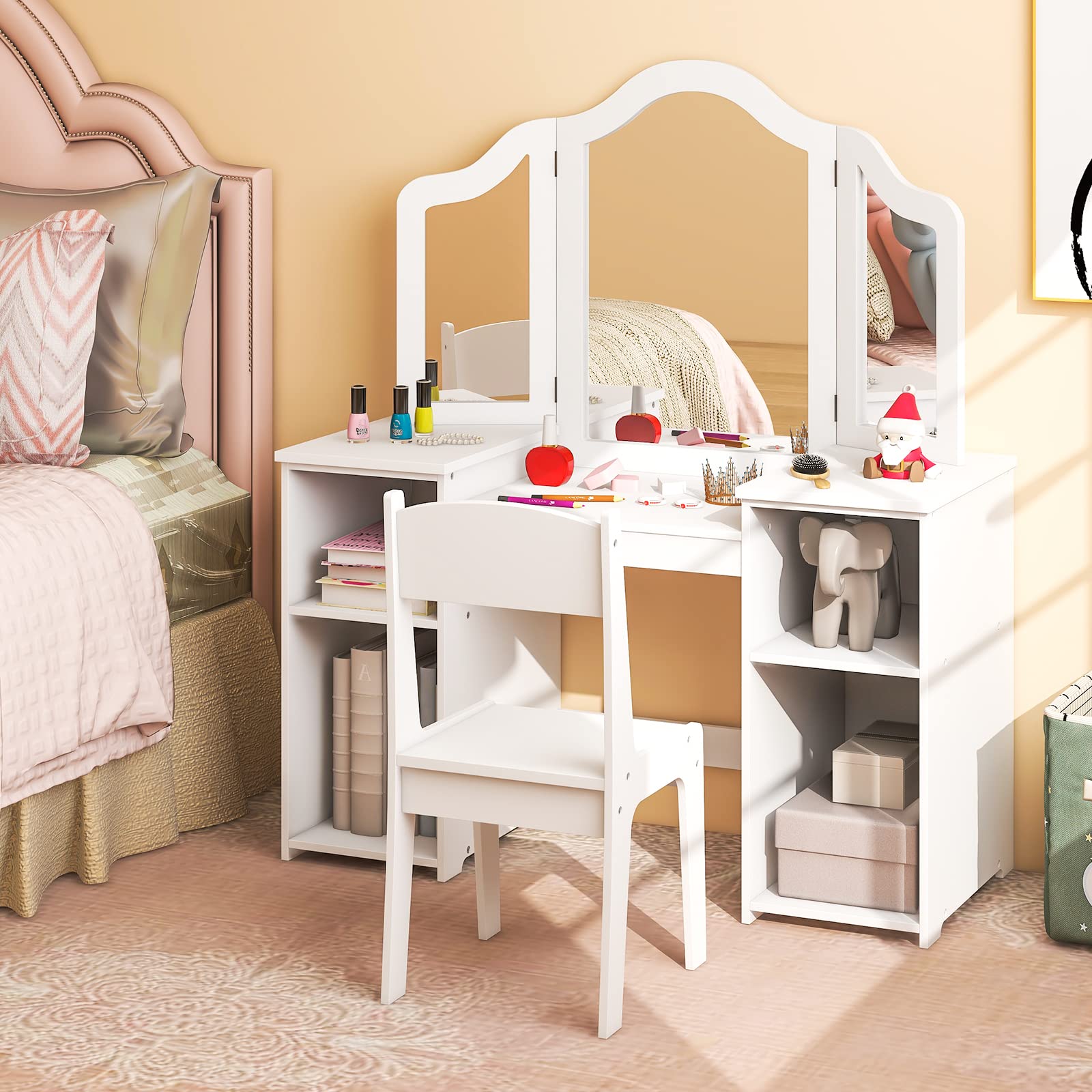 Costzon Kids Vanity Set with Mirror & Storage - White Princess Makeup Desk for Girls Playroom