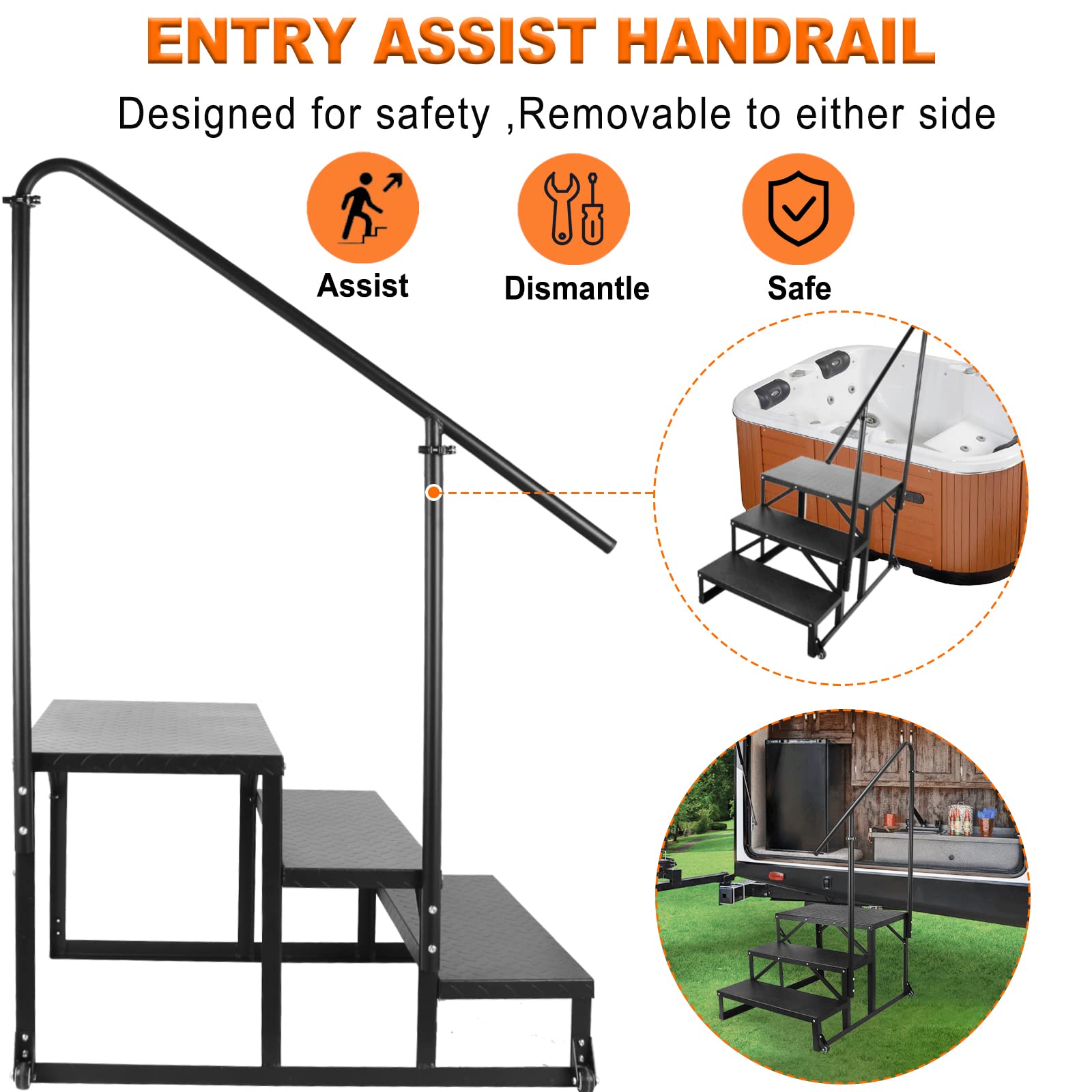 3 Step RV Stairs with Handrail - Adjustable Height, Non-Slip Tread & Wheels - Portable Steps for RV, Hot Tub, Camper, Trailer - Outdoor Use for Easy Access & Safety