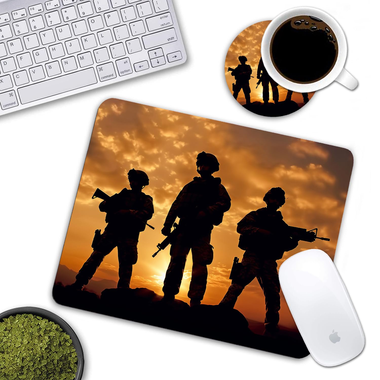 American Army Troops Military Mouse Pad & Coasters Set - Non-Slip Rubber Base Rectangle Mouse Pad for Laptop, Computer & Office Accessories - Perfect for Gaming, Work & Home Office Setup