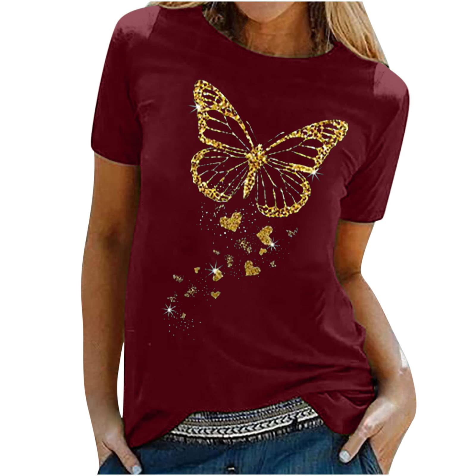 Women's Short Sleeve Butterfly Print Blouse - Round Neck Casual Tunic Top for Summer, Work & Everyday Wear | Lightweight Breathable Tee Shirt for Outdoor Activities and Office Outfits