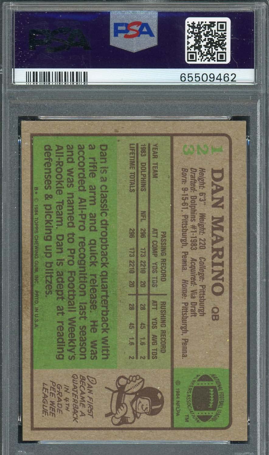 1984 Dan Marino Topps Football Rookie Card RC #123 PSA 6 Graded - Perfect for NFL Memorabilia Collectors & Miami Dolphins Fans Display
