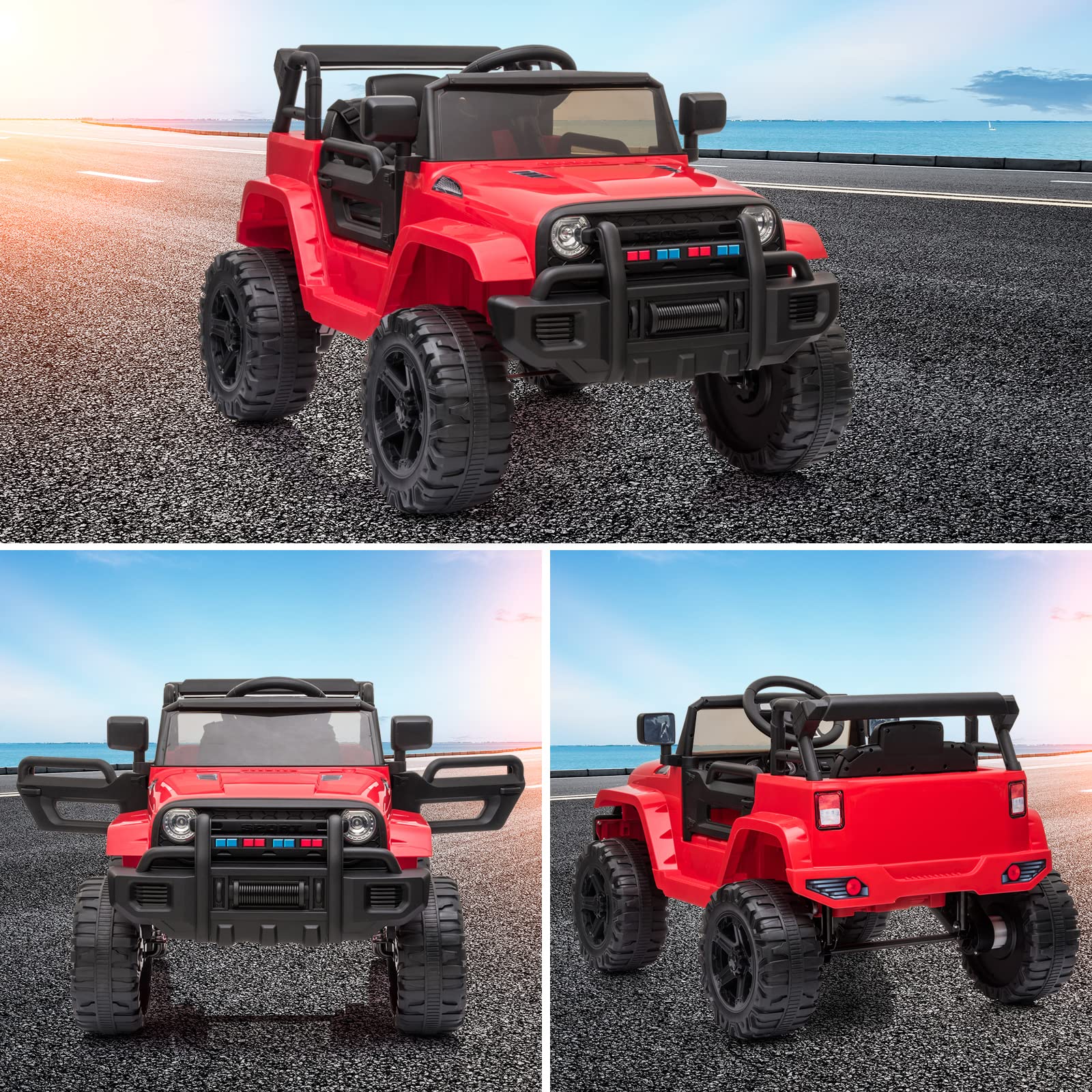 **12V Kids Electric Ride-On Truck with 2.4G Remote Control – 3 Speeds, Spring Suspension, LED Lights, Horn & Music Player – Safe for Ages 3-5 (Red) – Perfect for Outdoor Play, Birthday Gifts & Family Fun**