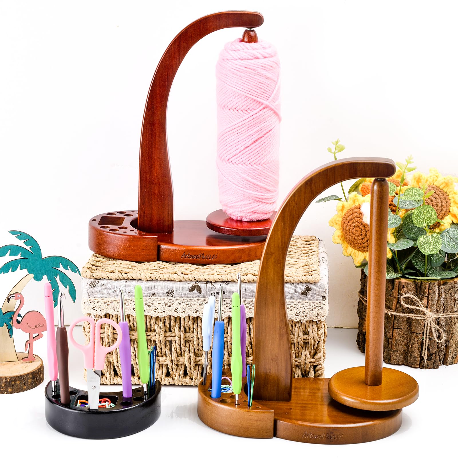 Premium ULOI Crochet Yarn Holder with Magnetic Storage Attachment - Wooden Knitting Accessories Organizer for Crocheting Projects (Mahogany Finish) | Perfect for Home Crafting, DIY Yarn Storage & Gift for Knitters