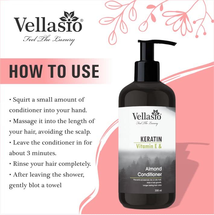 VELLASIO Keratin Almond Deep Conditioner for Dry & Frizzy Hair - Smoothing Hair Treatment for Soft, Shiny & Healthy Hair - Sulfate Free Hair Care for Women & Men - Perfect for Daily Use & Salon Quality Results