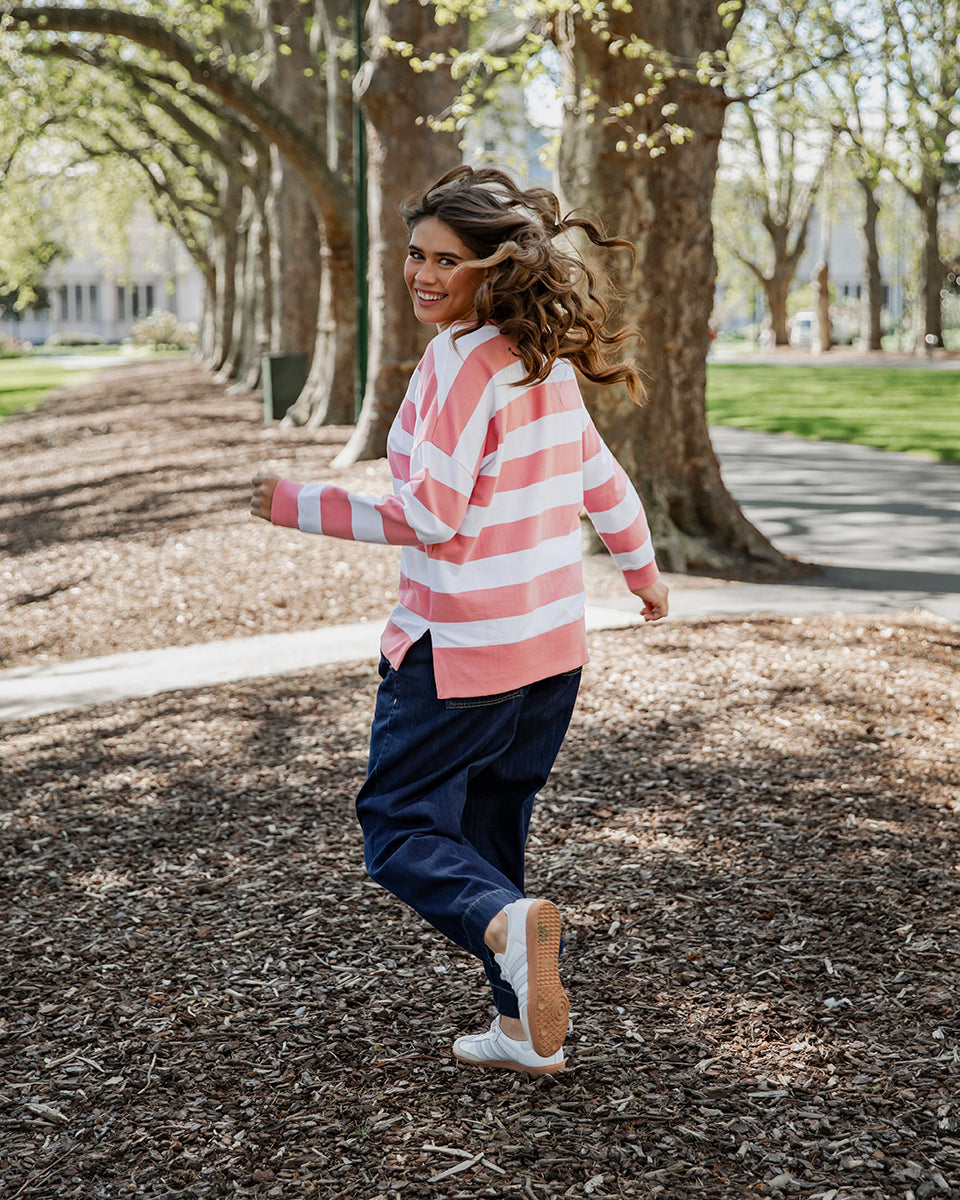 Billie Block Stripe Crew Neck Sweatshirt - Women's Soft Cotton Pullover (Charm Pink) | Casual Everyday Wear, Loungewear & Street Style Outfits