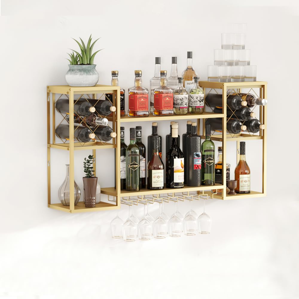 2-Tier Metal Wall Mounted Wine Rack with Glass Holder - Floating Bar Shelves for Liquor Bottle Display - Gold Home Bar & Kitchen Decor for Dining Room | Perfect for Small Spaces & Entertaining Guests