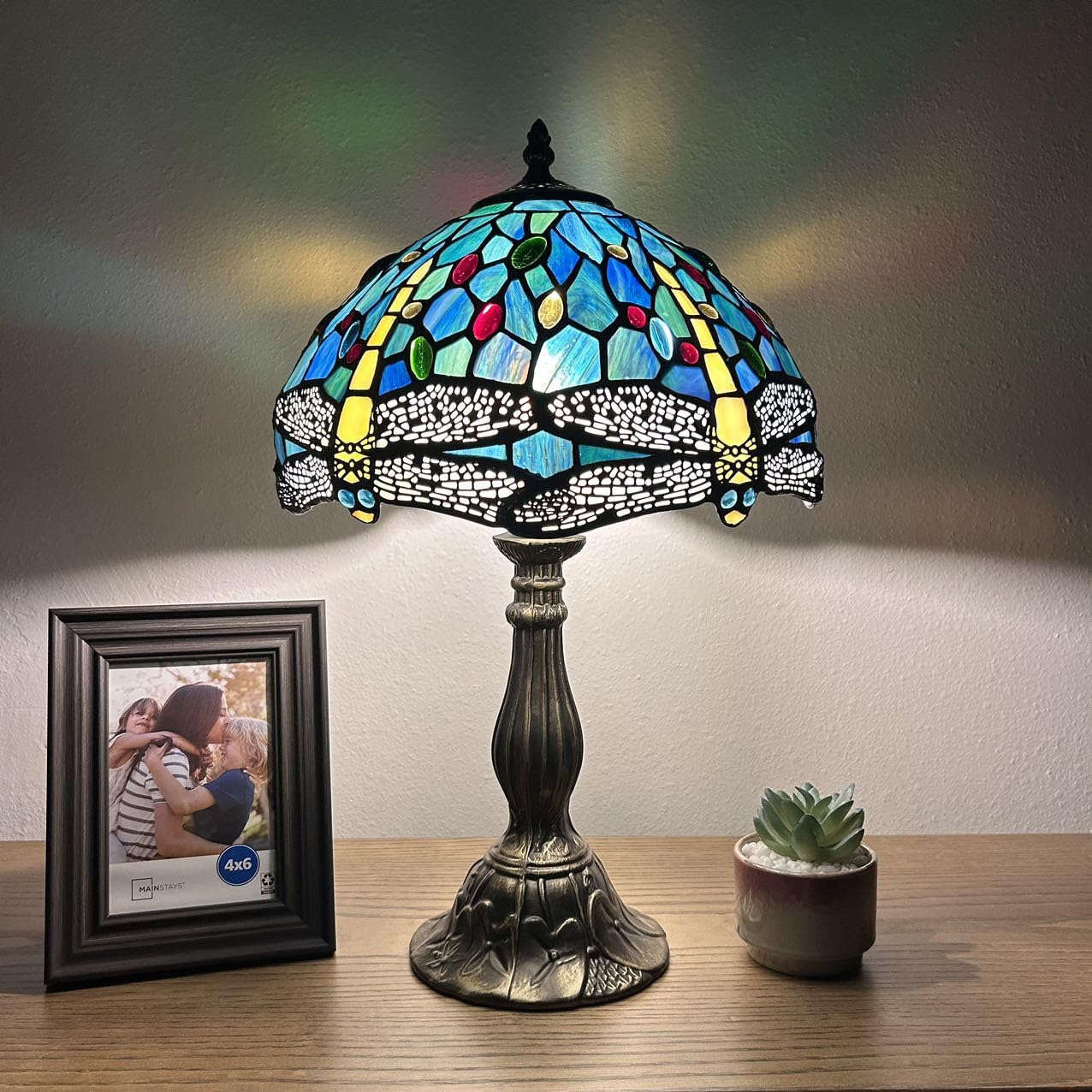 Tiffany Style Dragonfly Green Blue Stained Glass Table Lamp - Vintage Home Decor for Living Room, Bedroom, Office - 18