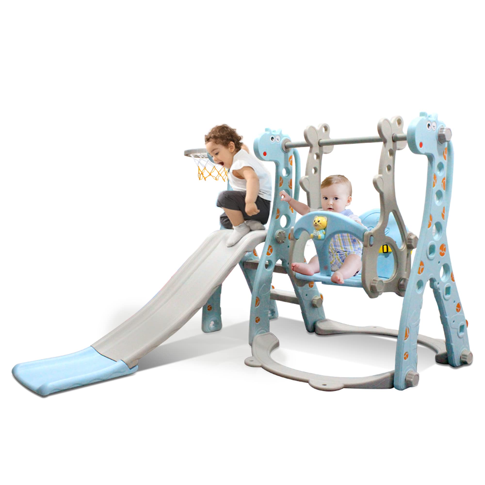 Kids Swing and Slide Set with Basketball Hoop & Music Player - Indoor/Outdoor Playground Playset for Toddlers & Children (Giraffe Blue) - Perfect for Backyard, Park, and Playroom Fun