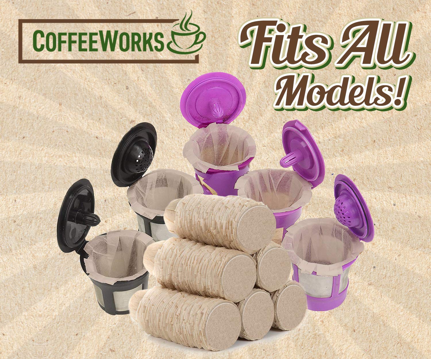 Natural Unbleached Brown Paper Coffee Filters with Lid - 300 Count Disposable Filters Compatible with Keurig 1.0 & 2.0, All Reusable K-Cups - Brew Your Own Premium Coffee at Home or Office