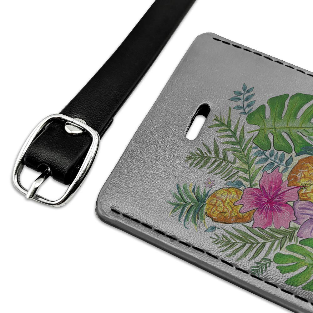 Stylish Rectangle Leather Luggage Tag with Tropical Hibiscus & Pineapple Design - Perfect for Travel ID Cards, Passport Holders & Suitcase Identification