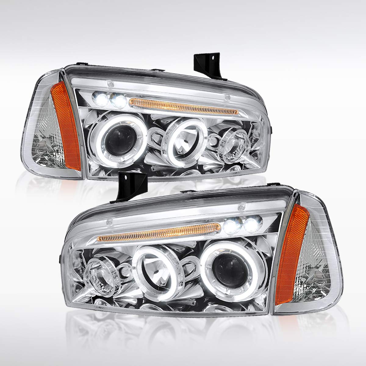 AUTOZENSATION Compatible with 2006-2010 Dodge Charger Headlights - Pair of LED Projector Headlamps with Chrome Halo & Corner Lights - Left + Right Assembly for Enhanced Night Driving & Style Upgrade