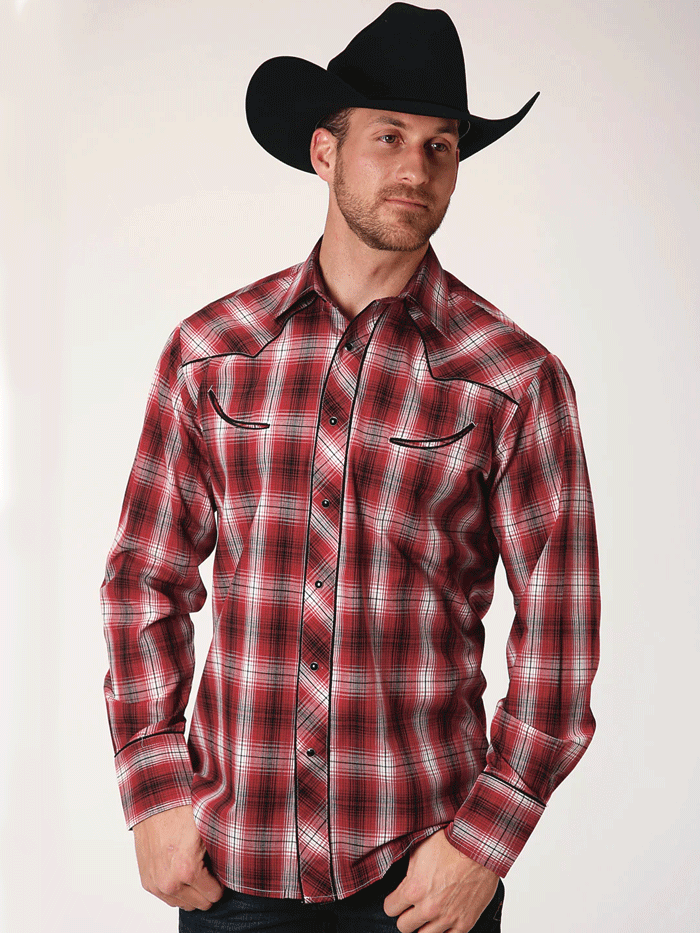 Roper Men's Long Sleeve Snap Plaid Western Shirt - Red Checkered Flannel Shirt for Cowboy Style | Ranch Work, Rodeo, and Casual Outdoors Wear