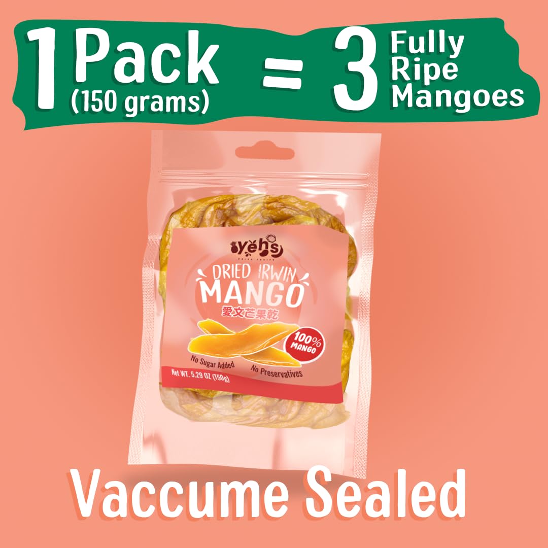Premium Dried Irwin Mango 5.29 oz (150g) - No Sugar Added, Soft & Chewy, Vacuum Sealed Snack - Made in Taiwan - Perfect for Healthy Snacking, Hiking, Office & School Lunches