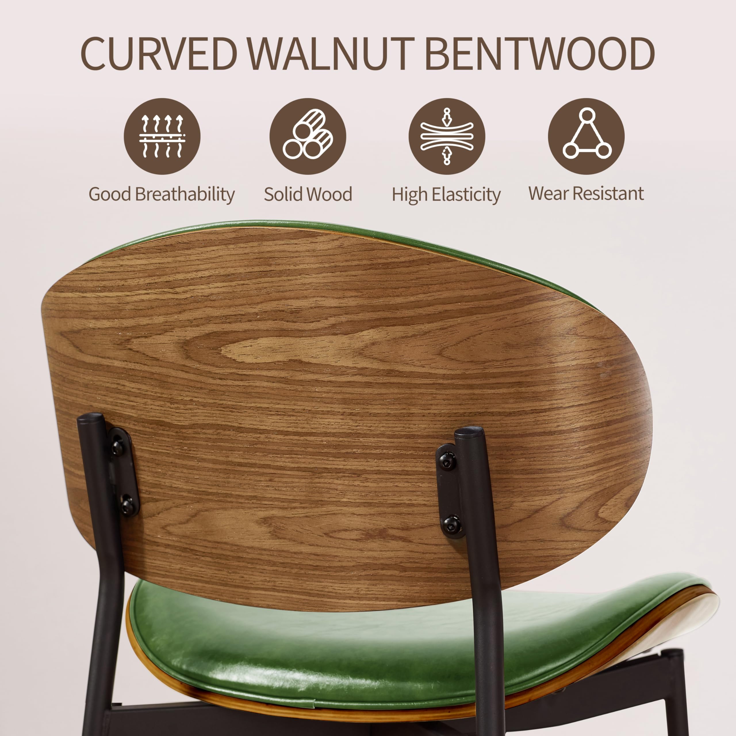 Art Leon Dining Chairs Set of 2 - Walnut Bentwood Mid Century Modern Kitchen & Dining Room Chairs - Green Faux Leather Upholstered Accent Chairs for Bedroom, Living Room & Office - Comfortable Seating for Home Decor