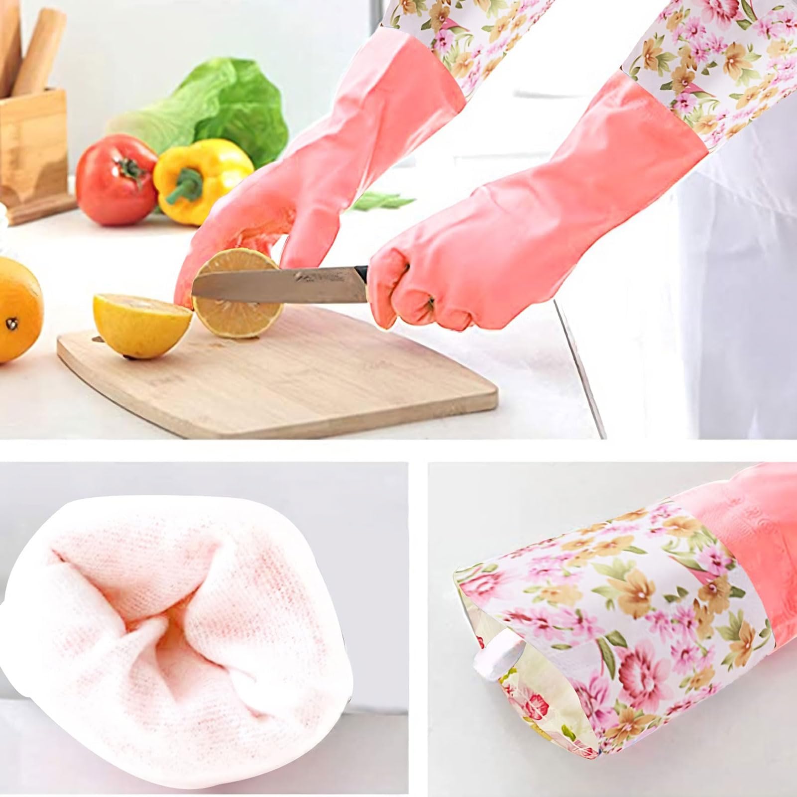 KINGFINGER Latex Rubber Gloves - Waterproof, Long Cuff & Flock Lined for Household Cleaning (2 Pairs, Large) - Ideal for Dishwashing, Car Washing & Heavy Duty Cleaning