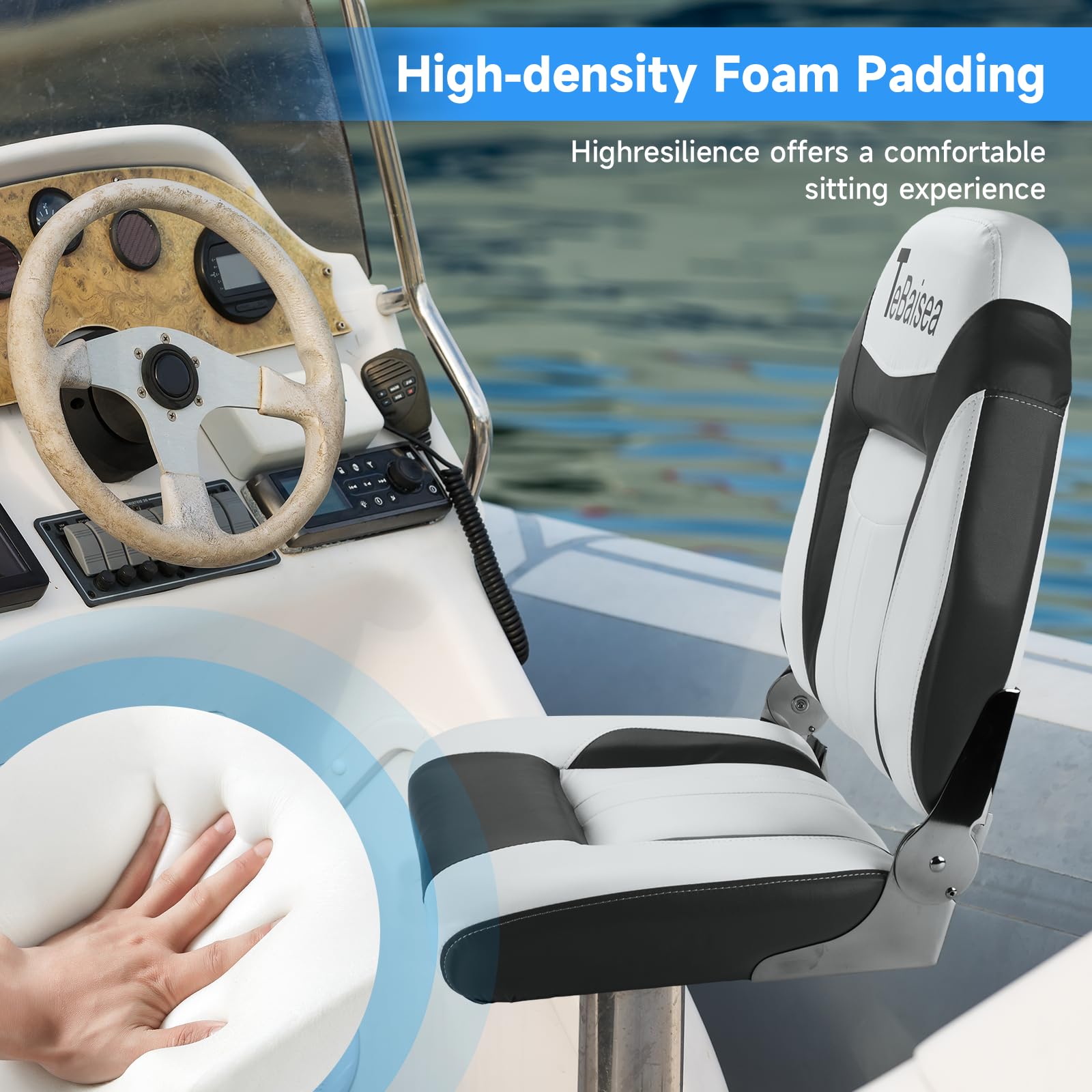 2pcs High Back Fishing Boat Seats - Foldable, Waterproof & Sunproof Microfiber Leather with 316 Stainless Steel Hinges (Black+White) - Perfect for Fishing, Boating & Marine Activities