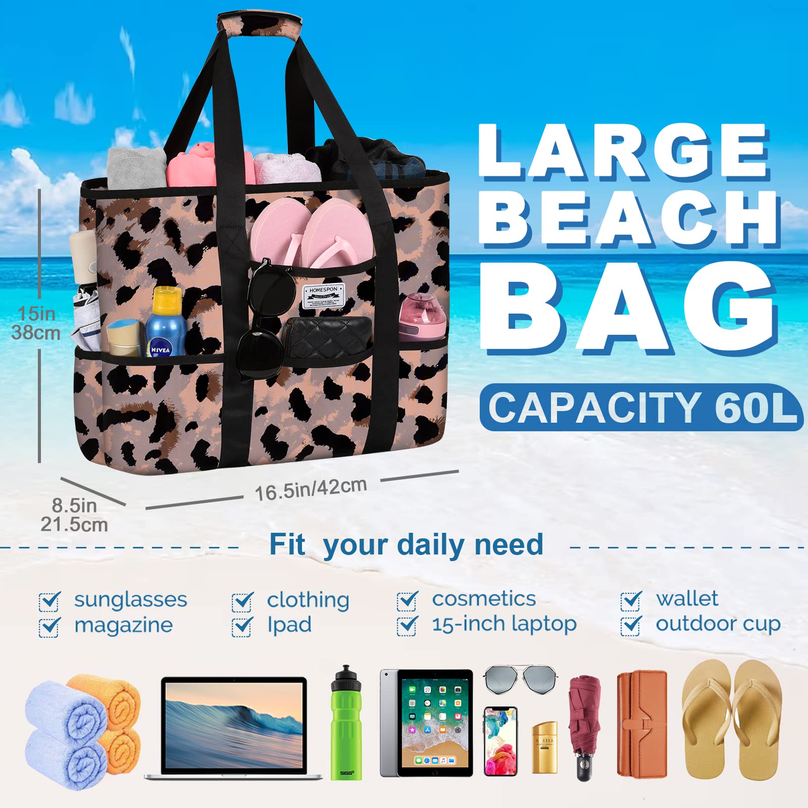 **Large Waterproof Beach Bag for Women - Sandproof Tote with Zipper & Pockets - Perfect for Travel, Vacation, Pool & Gym**    *Ideal for beach trips, swimming, gym workouts, and weekend getaways!*
