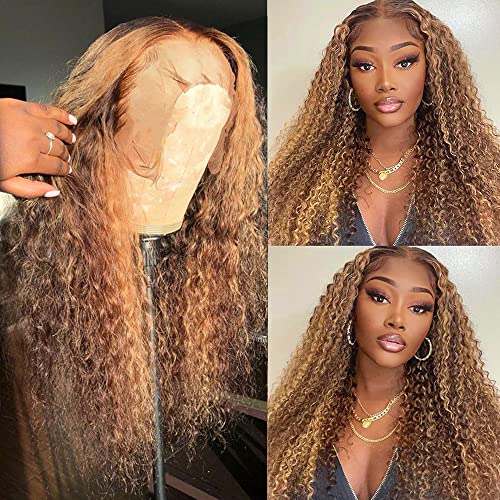 Ombre 4x4 Lace Closure Human Hair Wigs for Black Women - Brazilian Virgin Hair Deep Wave 4/27 Brown with Blonde Highlights | Glueless Lace Front Wig with Pre-Plucked Bleached Knots | Perfect for Daily Wear, Parties & Special Occasions