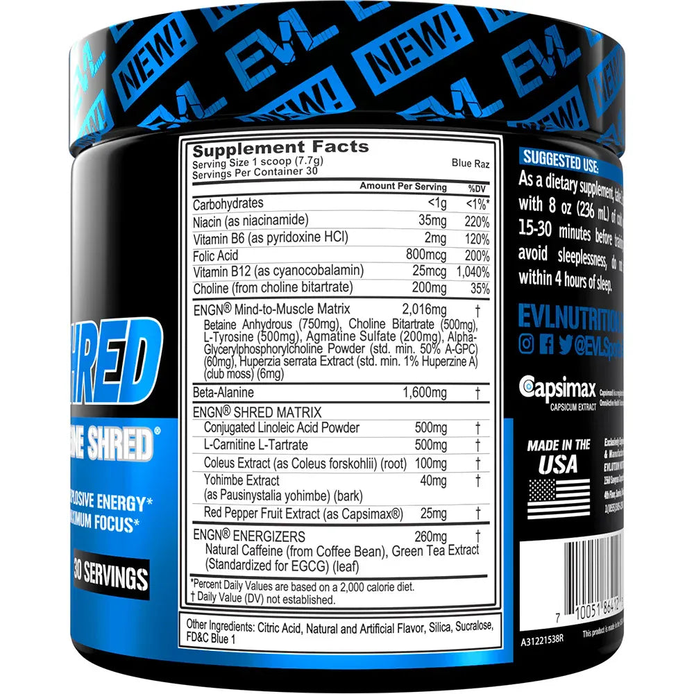 EVLution Nutrition ENGN Shred Pre-Workout Powder - 246g (30 Servings) | Fat Burner & Energy Booster for Gym & Fitness Training