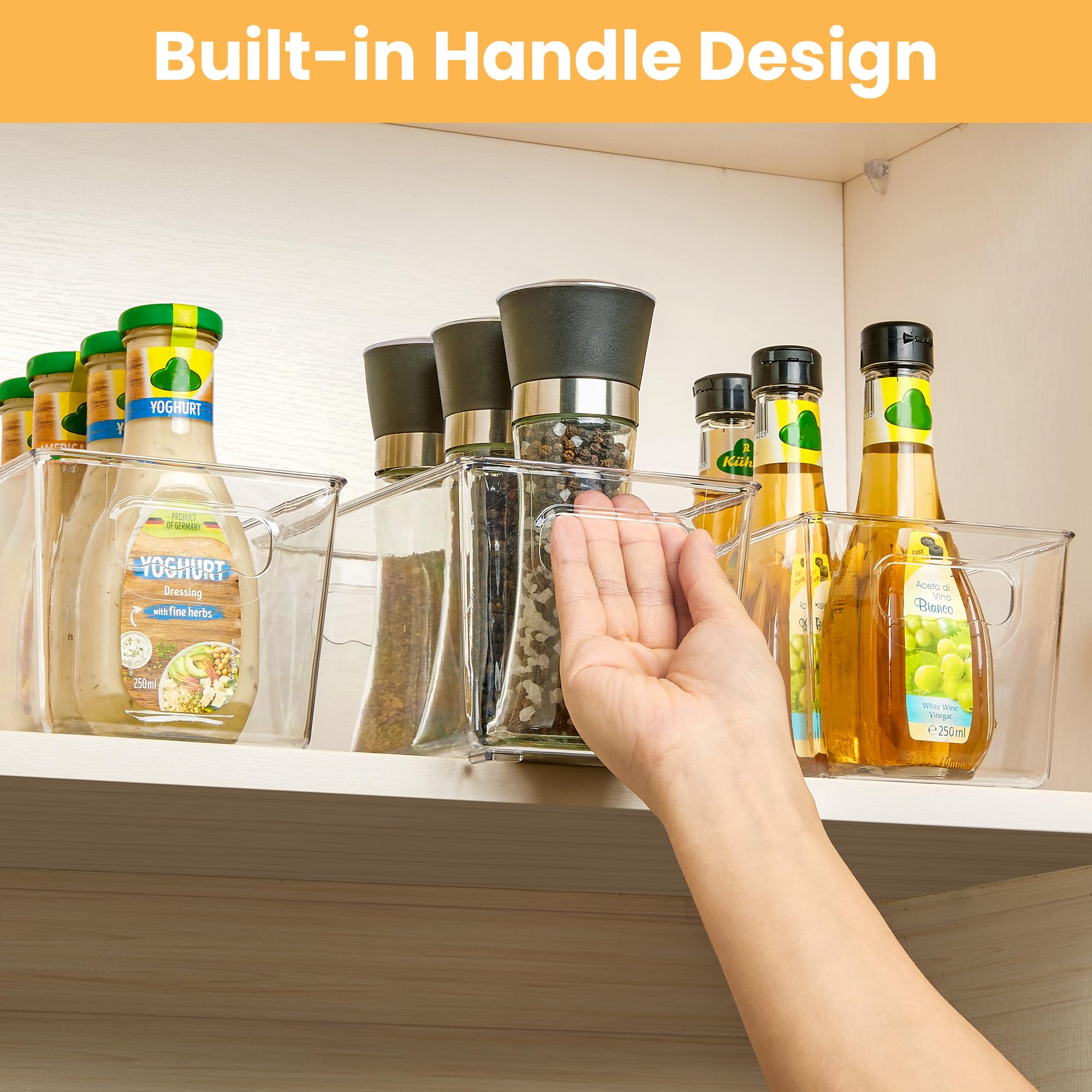 YIHONG 4-Pack Clear Plastic Storage Bins with Handles - Small Pantry Organizer for Kitchen, Freezer, Cabinet & Closet Storage | Perfect for Food Containers, Spice Jars, Toiletries & Home Organization
