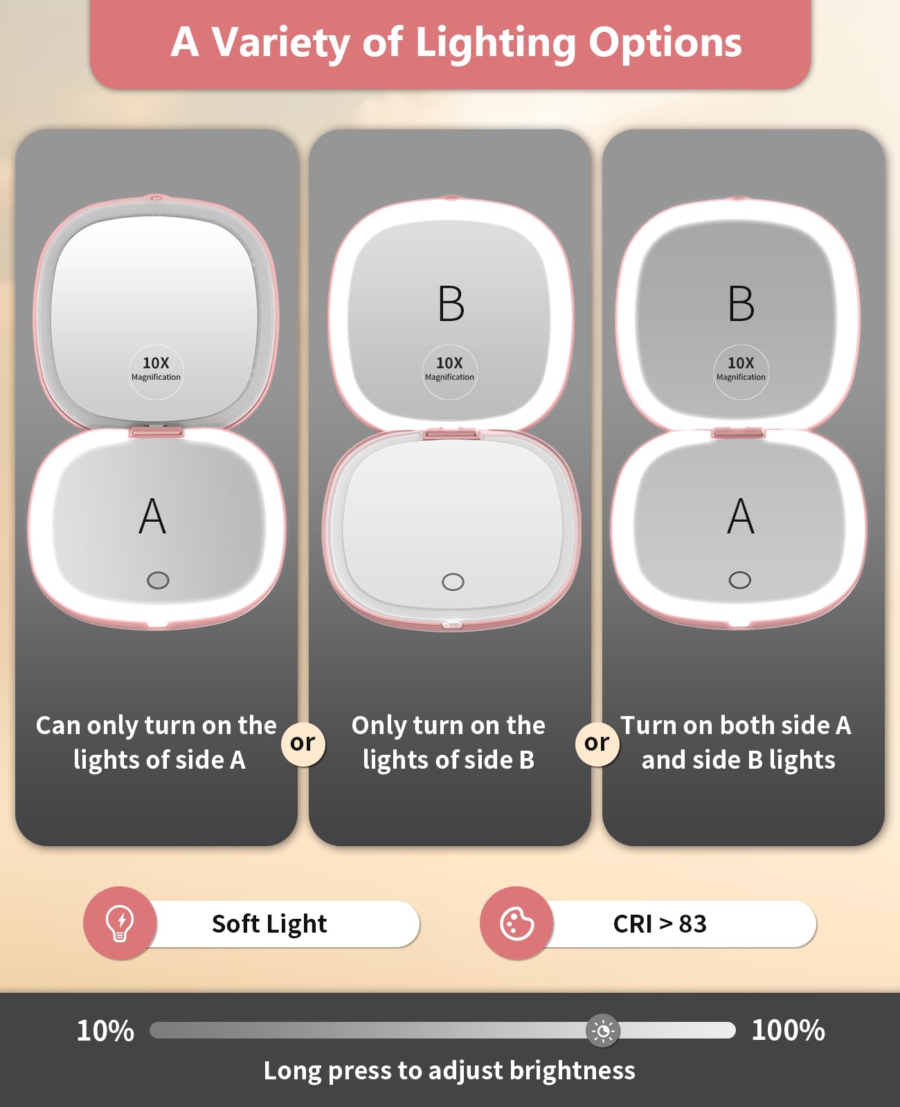 Wobsion Rechargeable Travel Mirror with LED Light - 1x/10x Magnifying Compact Mirror, Dimmable 2-Side Handheld Mirror (4 Inch) - Perfect for Makeup, Skincare & Travel - Portable Rose Gold Vanity Mirror for Handbag, Purse & Gift Ideas