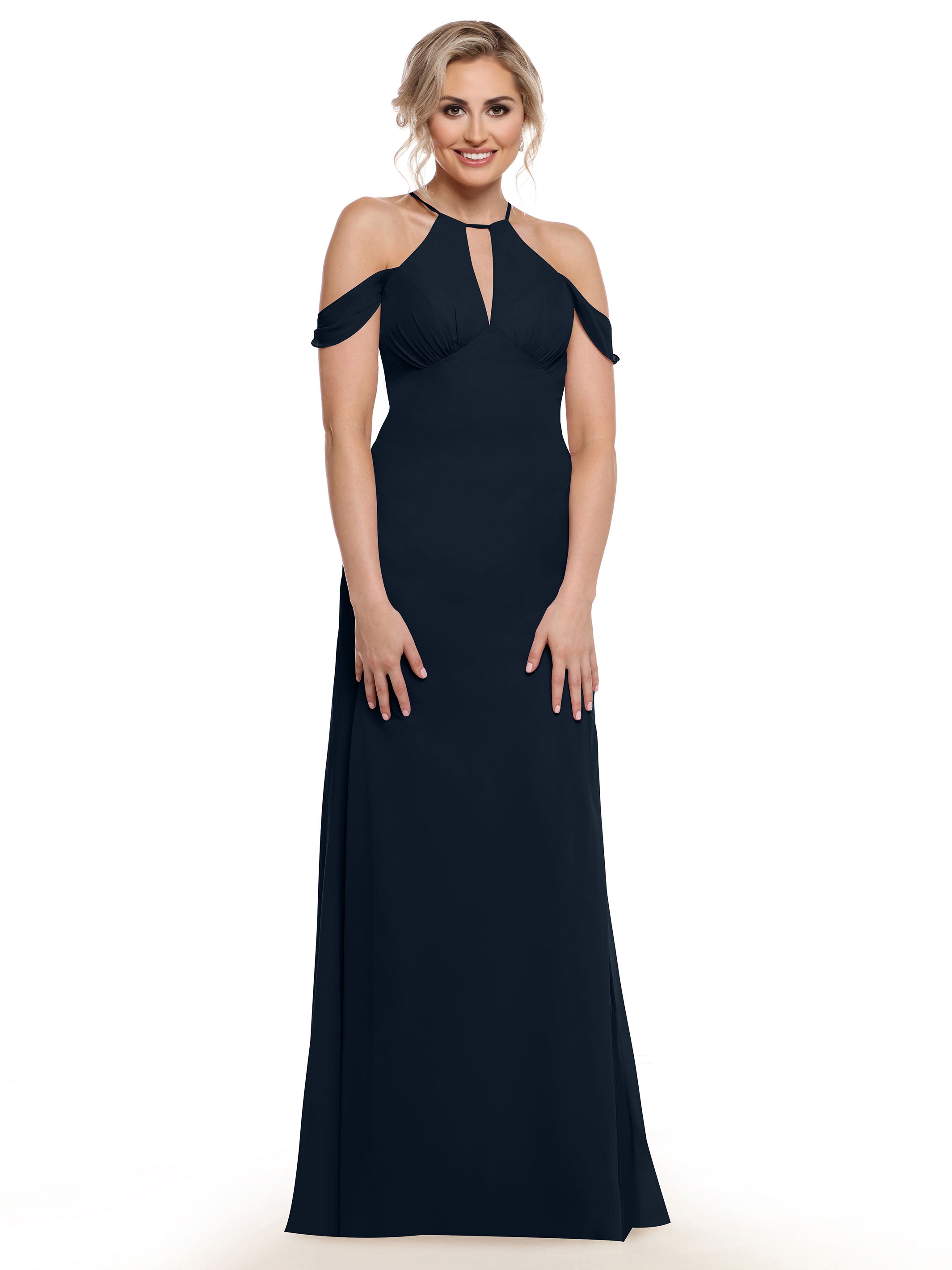 Elegant Off-The-Shoulder Chiffon Bridesmaid Dress with Halter Neckline - Perfect for Weddings, Formal Events & Special Occasions