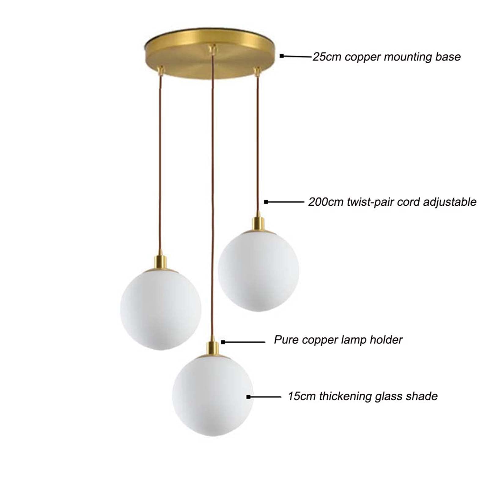 Modern Minimalist Pendant Light Fixture - 3-Light Brass Spherical Chandelier with White Glass Globe Shades (5.9