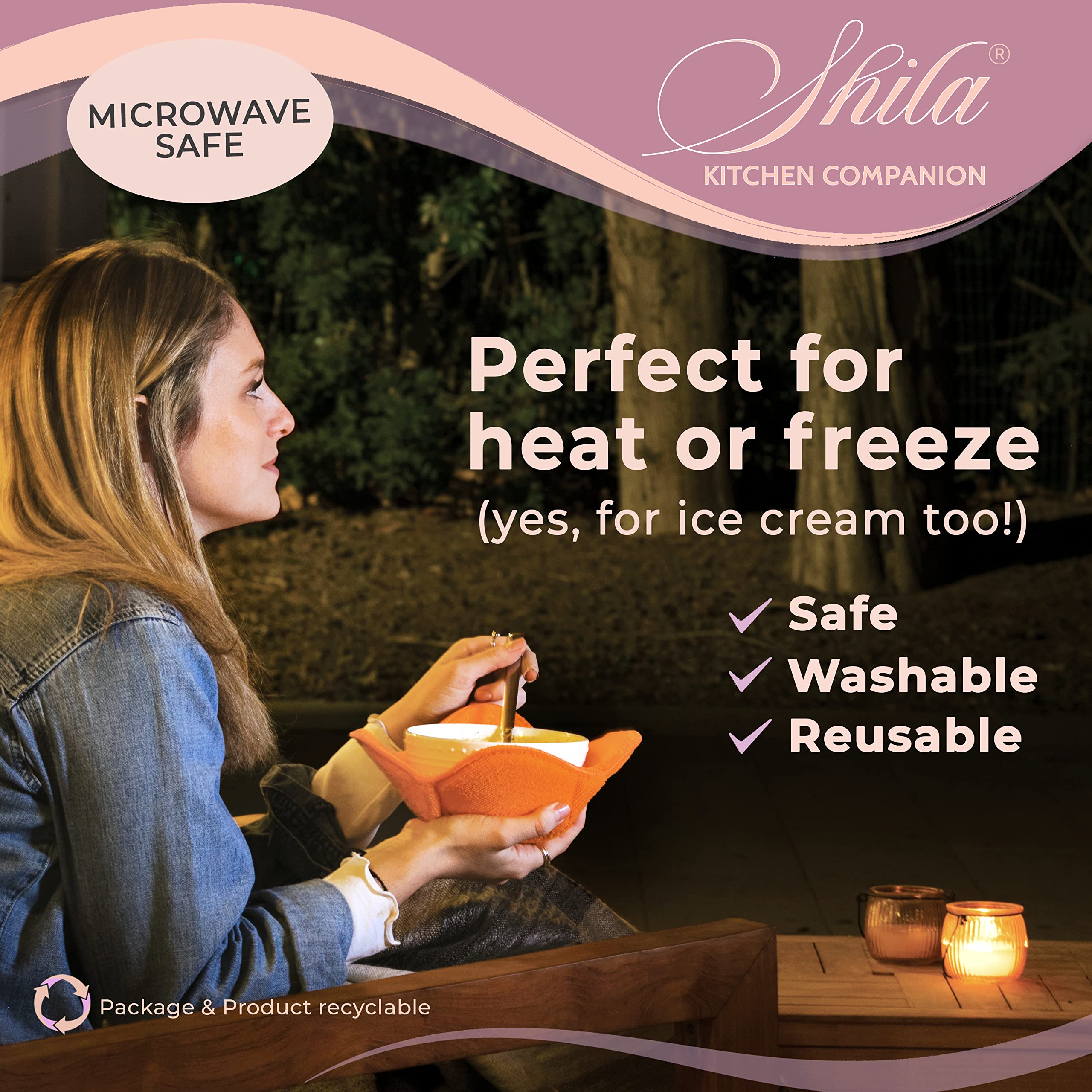 SHILA Microwave-Safe Bowl Cozy Set - Green Heat Resistant Hot Bowl Holder (Polyester & Sponge) for Soup, Rice & Pasta - Keep Hands Cool & Food Warm - Perfect for Kitchen, Dining & Microwave Use