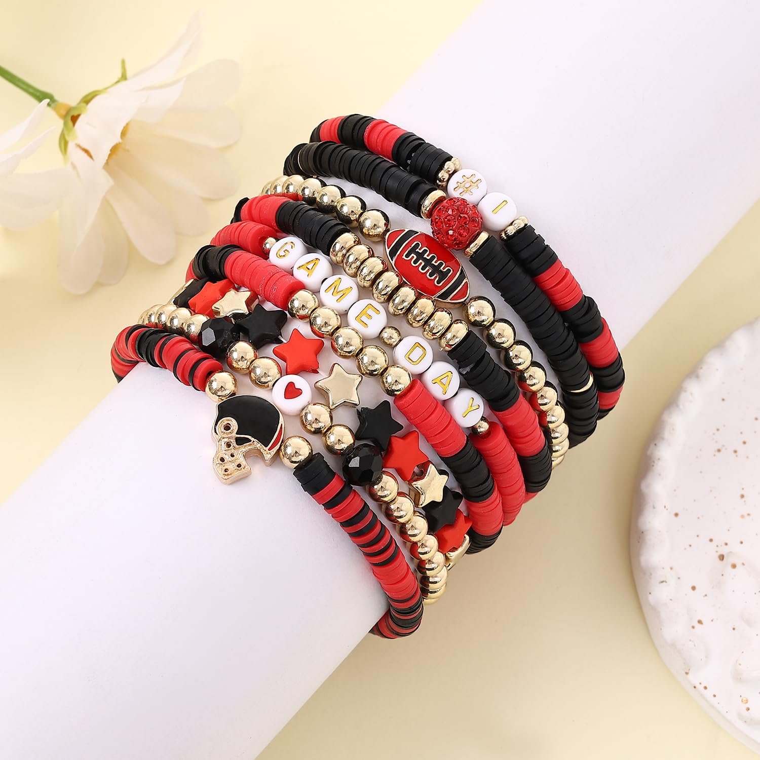 9 Pack Game Day Football Merchandise for Sports Fans - Stackable Heishi Bead Bracelets Set, Team Spirit Jewelry & Keepsake Gifts for NFL Fans | Perfect for Tailgating, Game Day Parties & Sports Themed Events