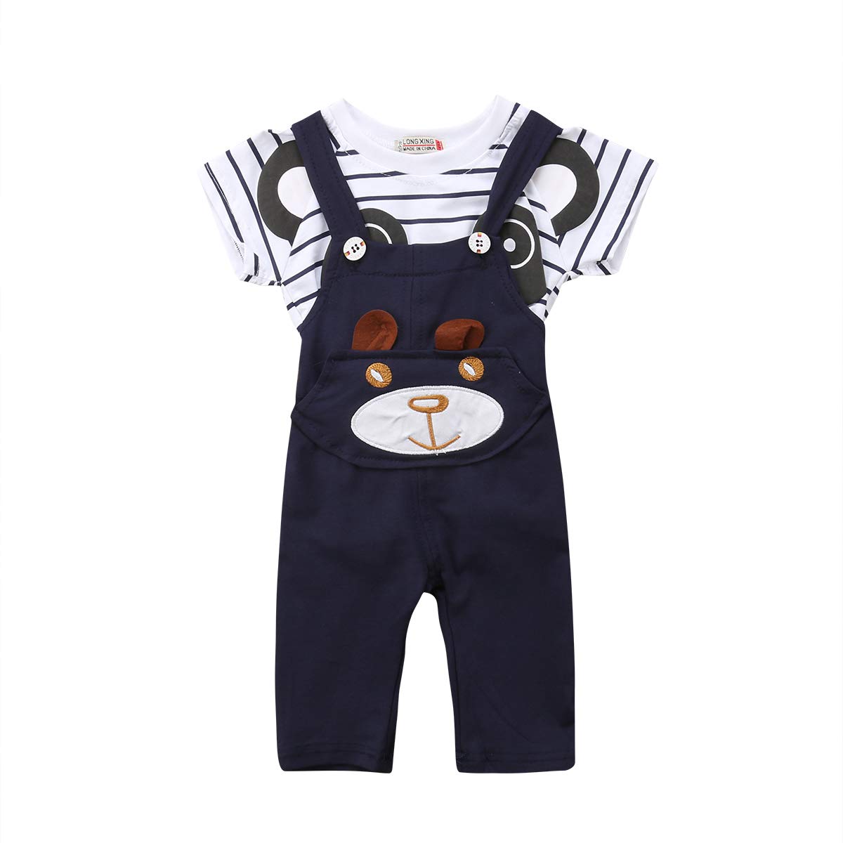 Adorable Panda 2-Piece Newborn Baby Clothes Set - Striped T-Shirt & Overalls for Boys & Girls | Soft Cotton Outfit for Playtime & Photo Shoots