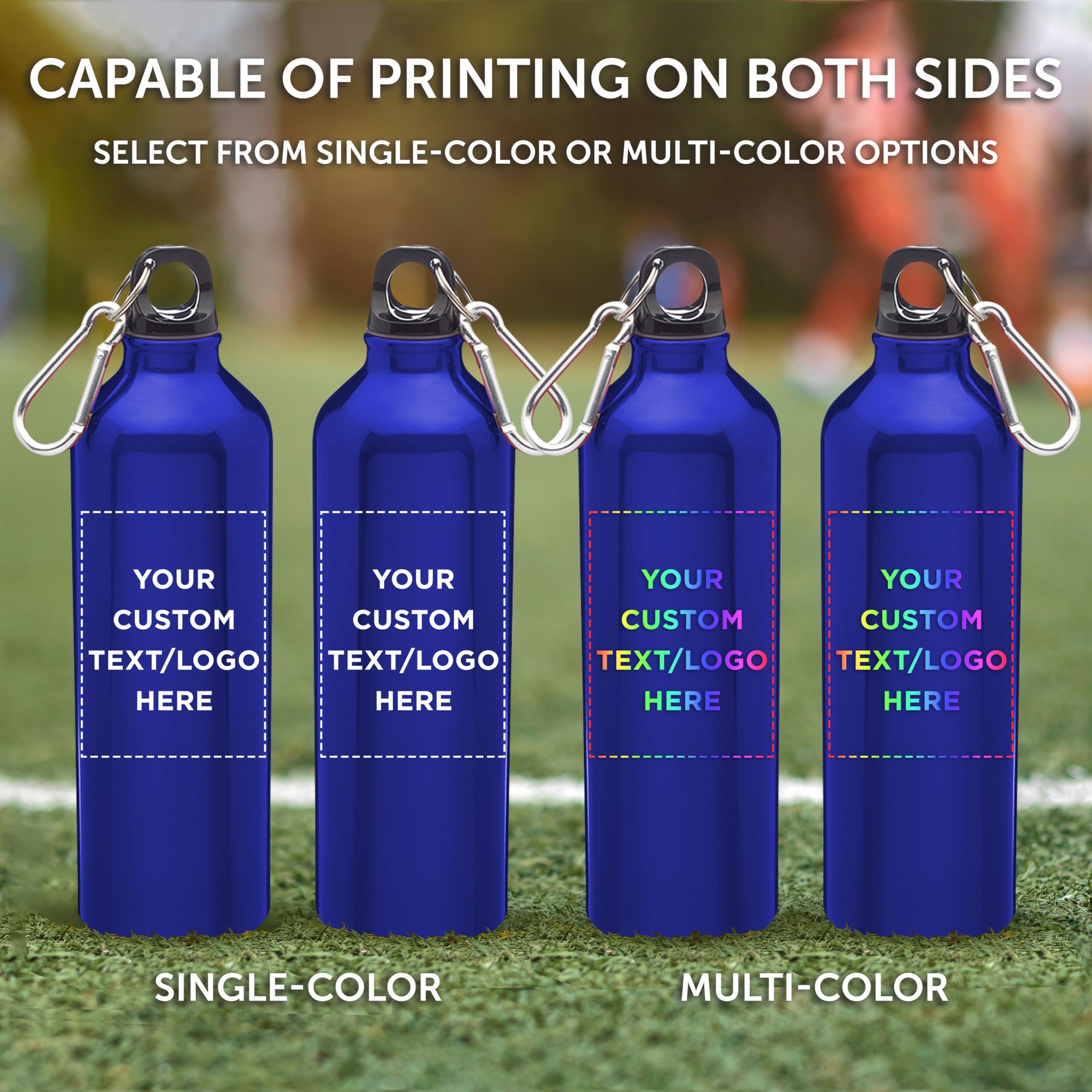 Custom 24 oz Aluminum Water Bottles with Carabiner - Bulk Pack of 10 Personalized Sport Bottles - Leakproof & Durable for Gym, Hiking, Camping, Running, Cycling - Perfect Gift for Outdoor Enthusiasts - Met Blue