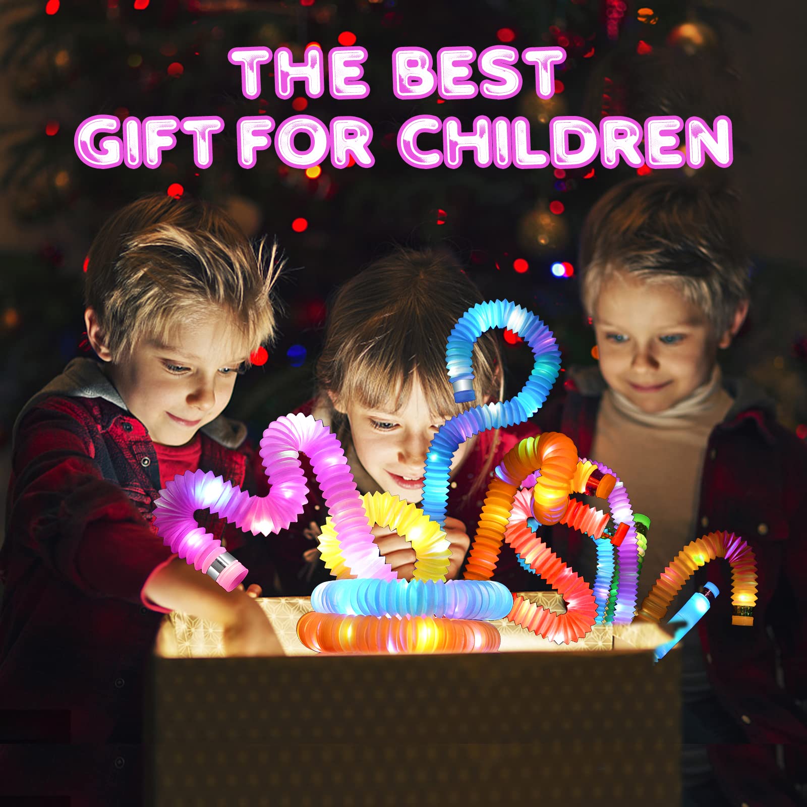 **6 Pack LED Light Up Pop Tubes Fidget Toys for Kids - Sensory Toys, Glow in The Dark Stress Relief Toys for Toddlers & Adults - Perfect for Party Favors, Stocking Stuffers, Classroom Prizes & Anxiety Relief**