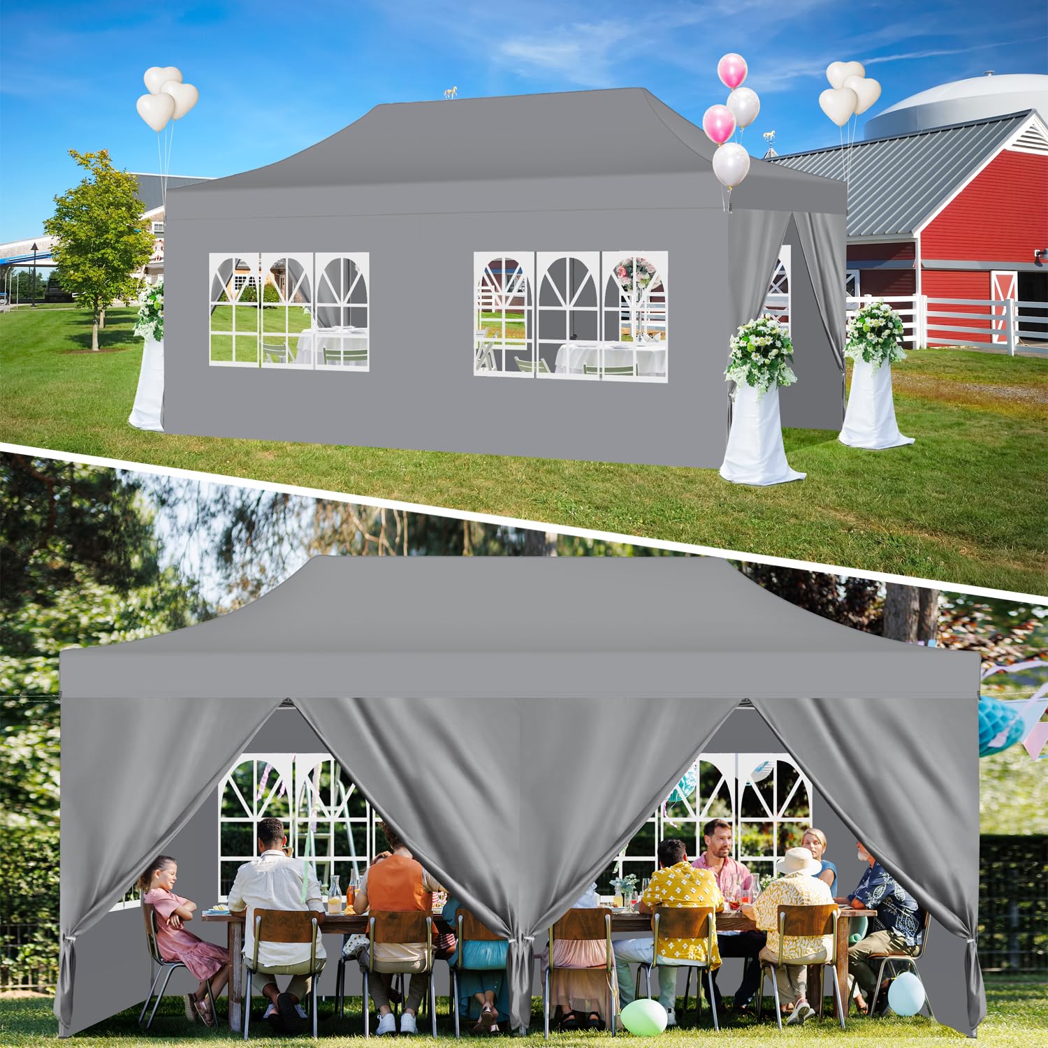 10x20 Heavy Duty Commercial Pop Up Canopy Tent - Waterproof Outdoor Canopy with 6 Sidewalls, 3 Adjustable Heights, Roller Bag & Accessories (6 Sand Bags, 4 Ropes, 12 Stakes) - Thickened Frame for Outdoor Events, Farmers Markets, Camping & Beach Parties