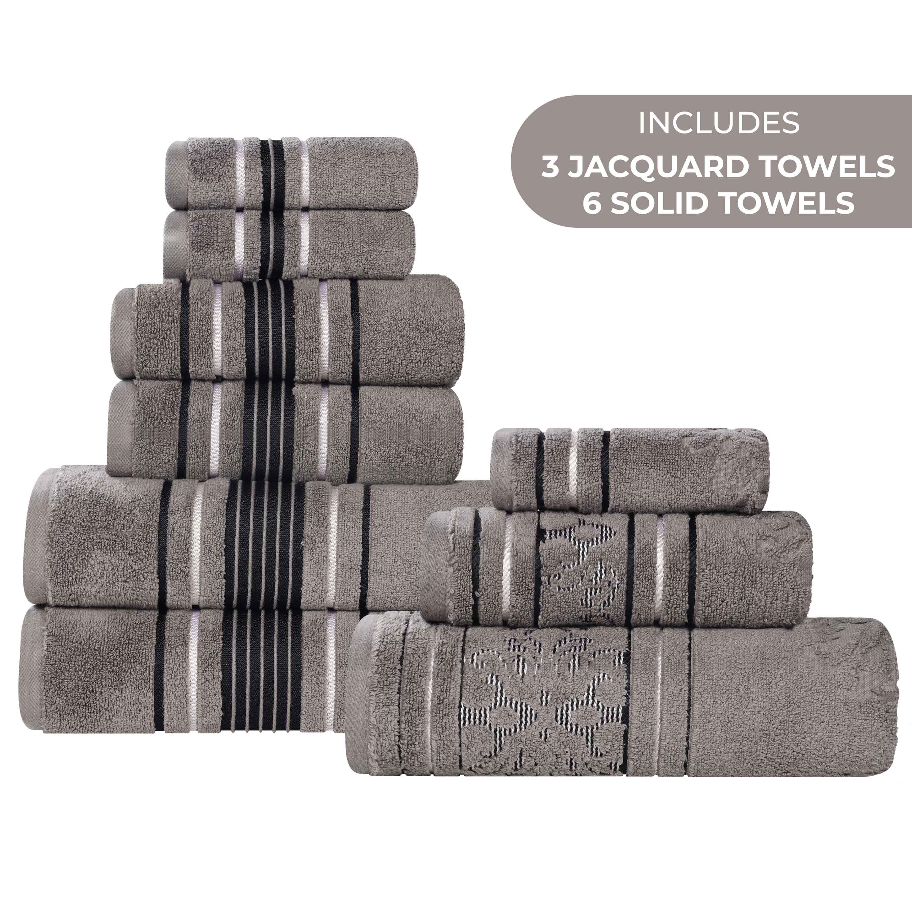 Sadie 9-Piece Zero Twist Cotton Towel Set - Solid & Jacquard Floral Bath Towels, Hand Towels & Washcloths - Soft & Absorbent for Bathroom, Spa & Guest Room