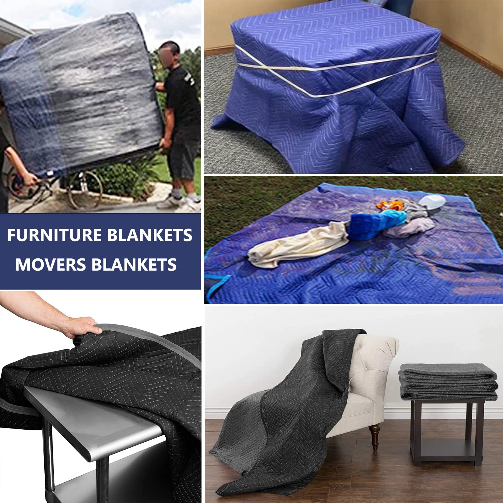 Heavy Duty Moving Blankets - 6 Pack Thick Black Furniture Pads for Packing, Shipping & Moving (72