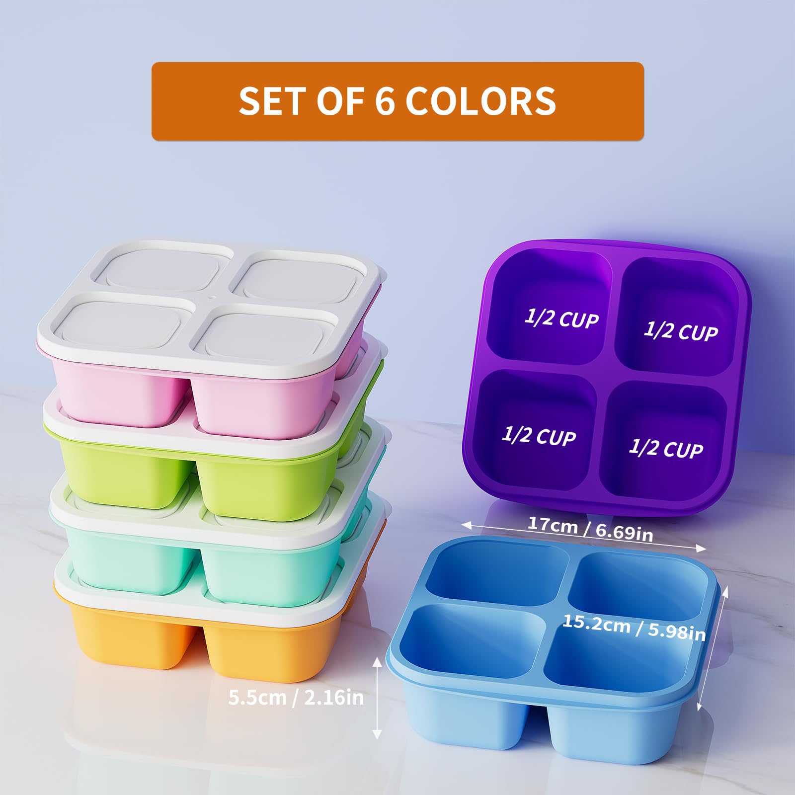 6-Piece Bento Box Set - Reusable 4-Compartment Food Storage Containers with Lids | Divided Lunch Containers for Kids & Adults | Freezer, Microwave & Dishwasher Safe (6 Colors) | Perfect for Meal Prep, School Lunches, Office Snacks & Picnics