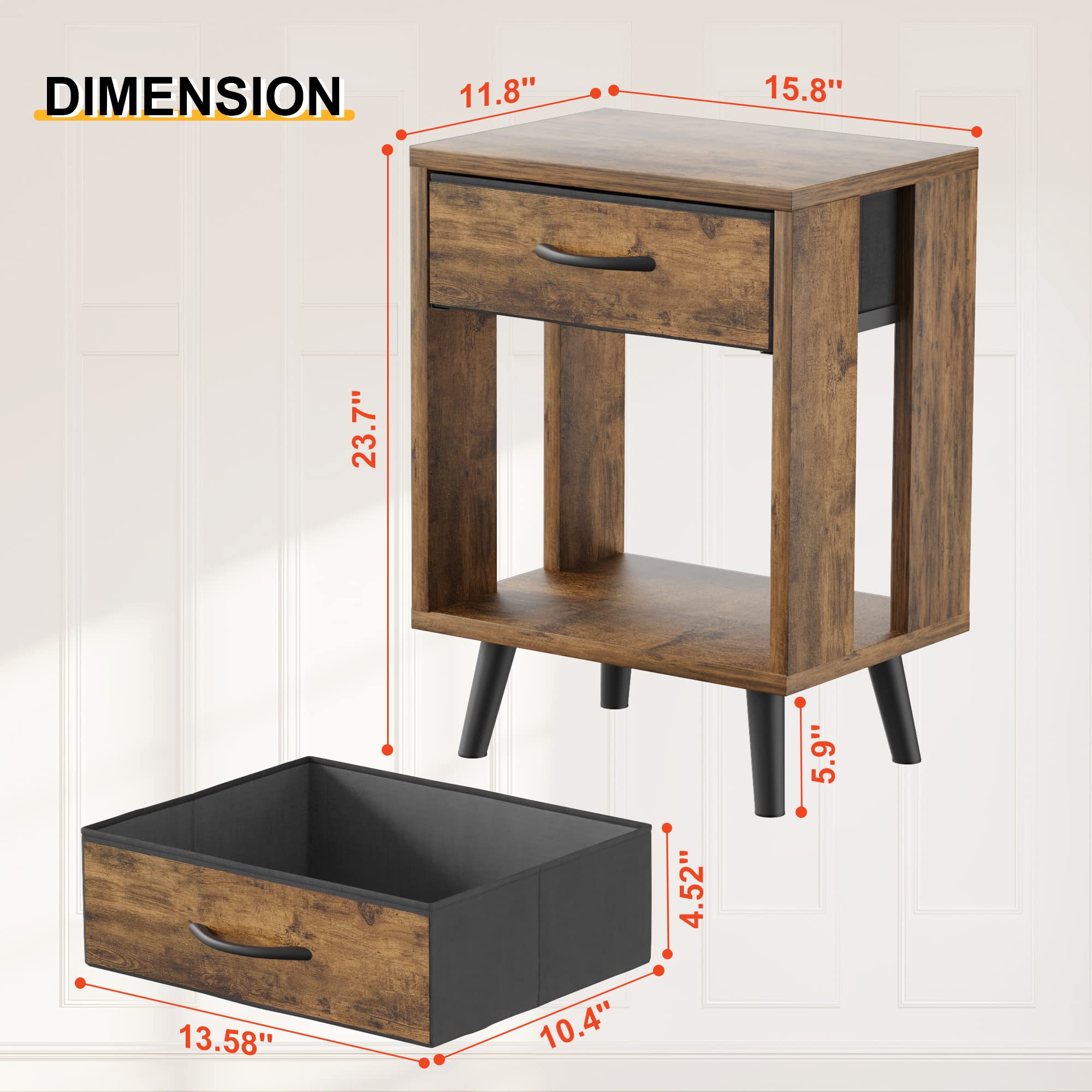Rustic Nightstand Set of 2 with Fabric Drawers and Open Shelves - Bedside End Tables for Bedroom, Living Room, or Office - Perfect for Storage and Decor
