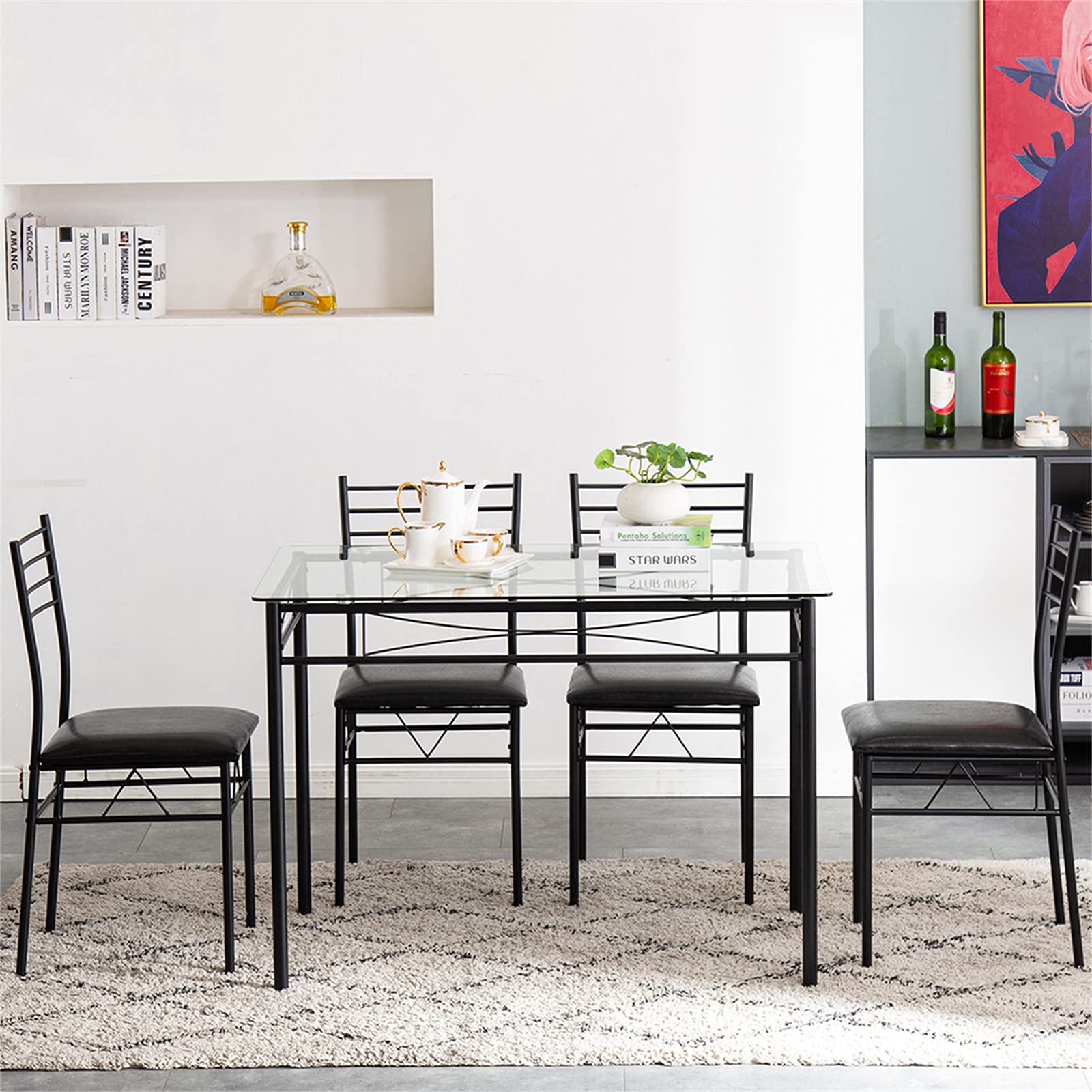 Modern 4-Piece Tempered Glass Dining Table Set with Stainless Steel Frame & PU Leather Chairs - Space-Saving Kitchen Table for Small Apartments, Breakfast Nooks & Cozy Dining Areas
